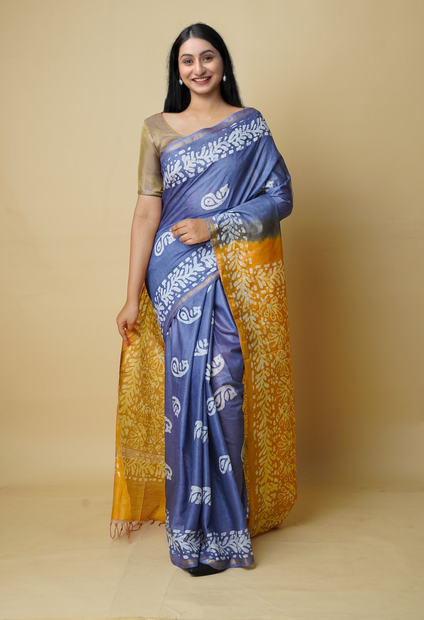 Grey-Brown Batik Printed Chanderi Sico Saree