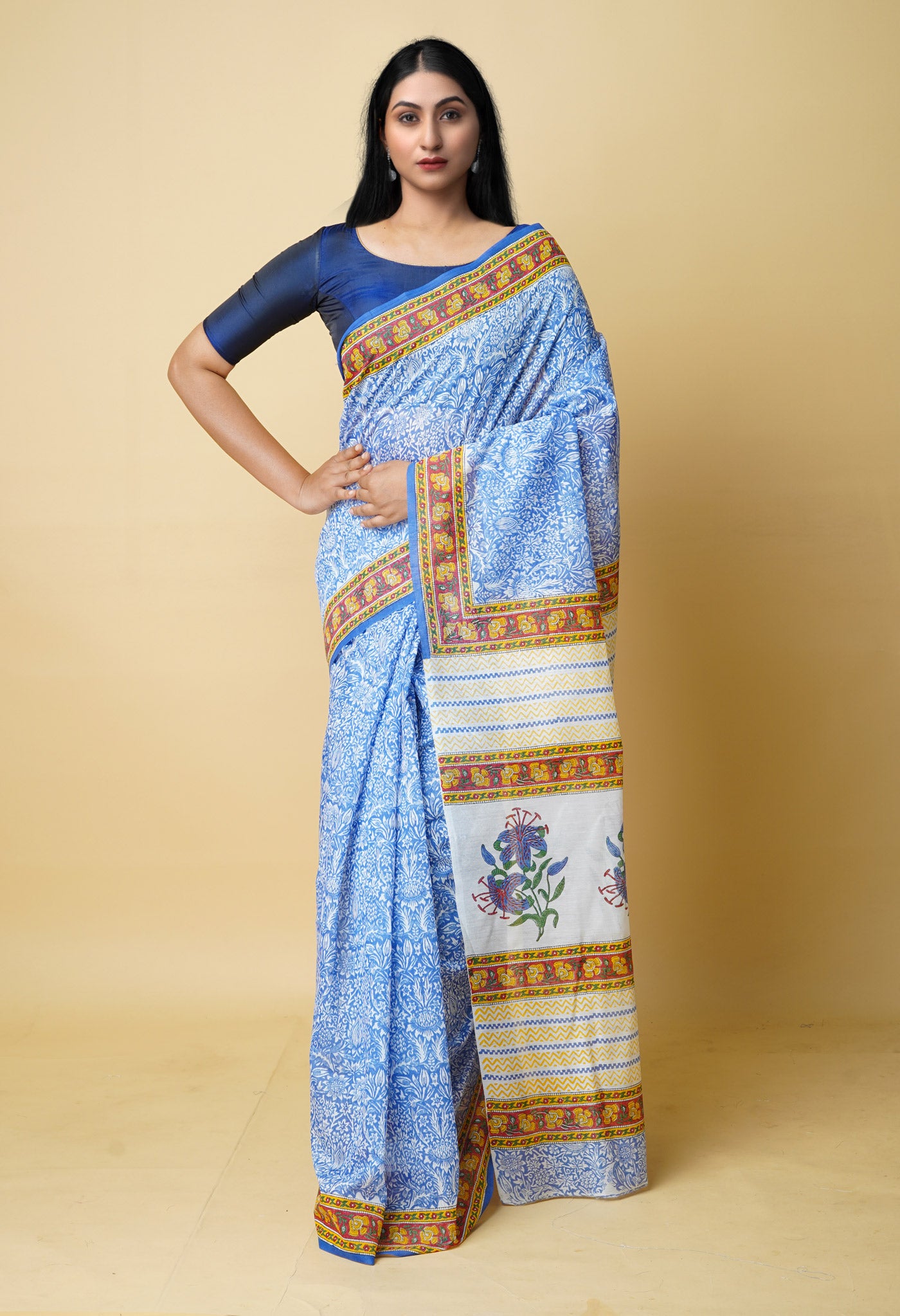 Blue Dyed Printed Kerala Cotton Silk Saree