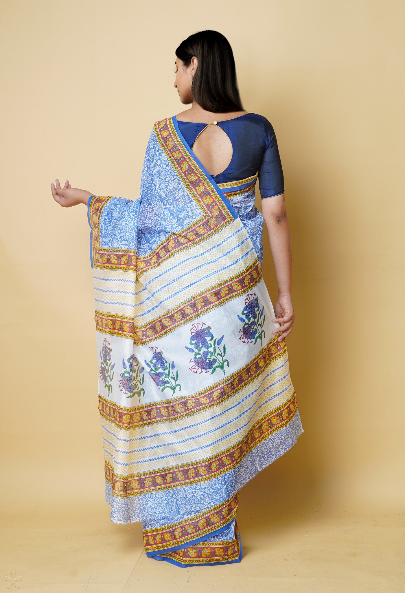 Blue Dyed Printed Kerala Cotton Silk Saree