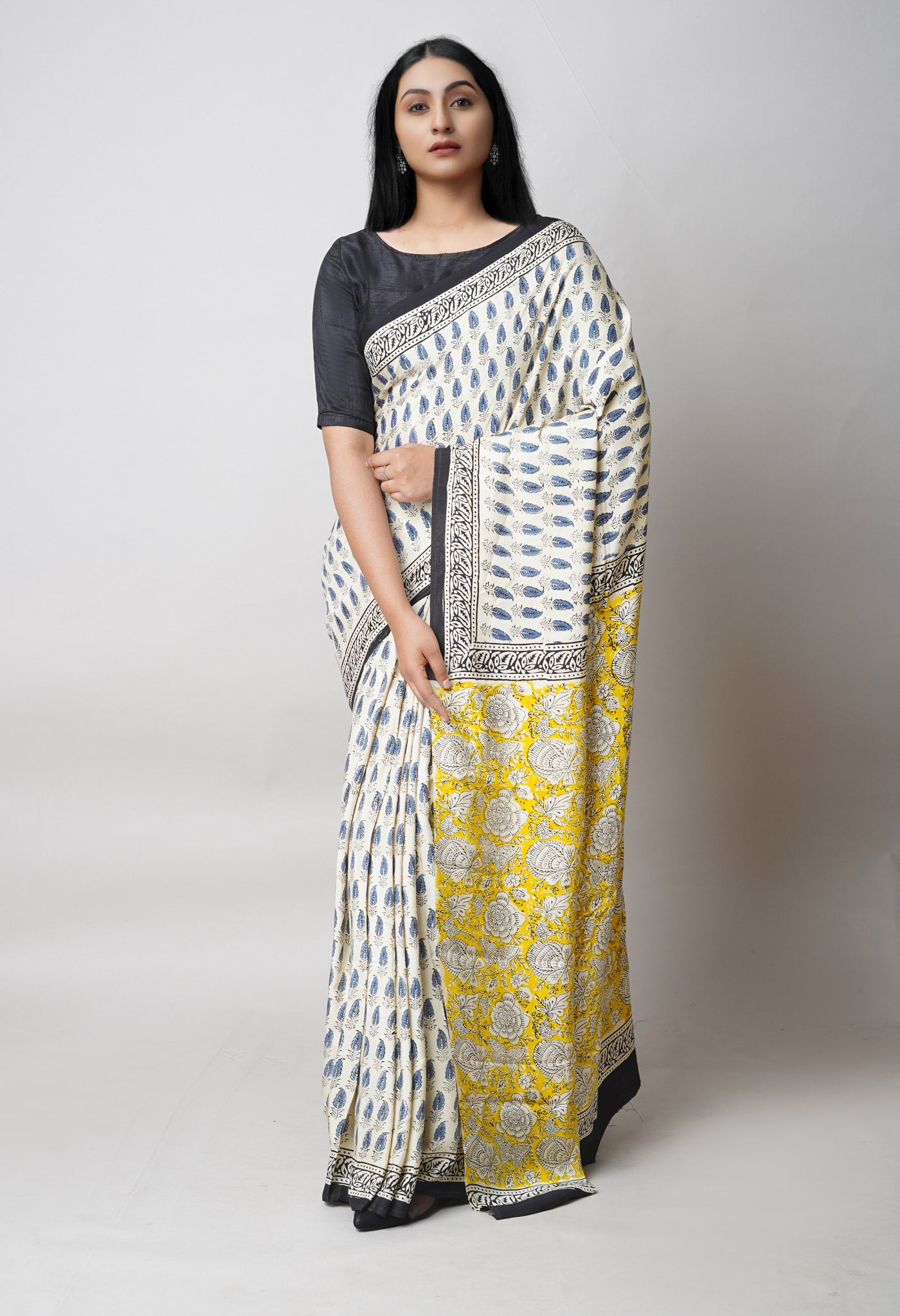 Ivory Pure  Bagru Printed Soft Silk Saree-UNM73260