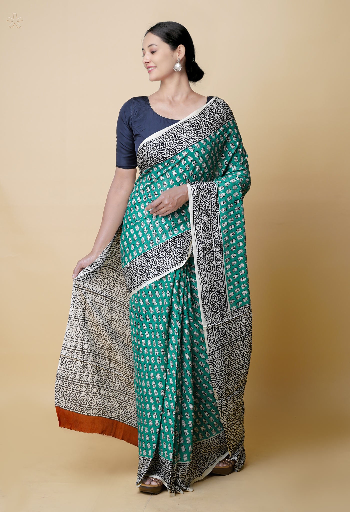 Green Pure Bagru Printed Georgette Silk Saree