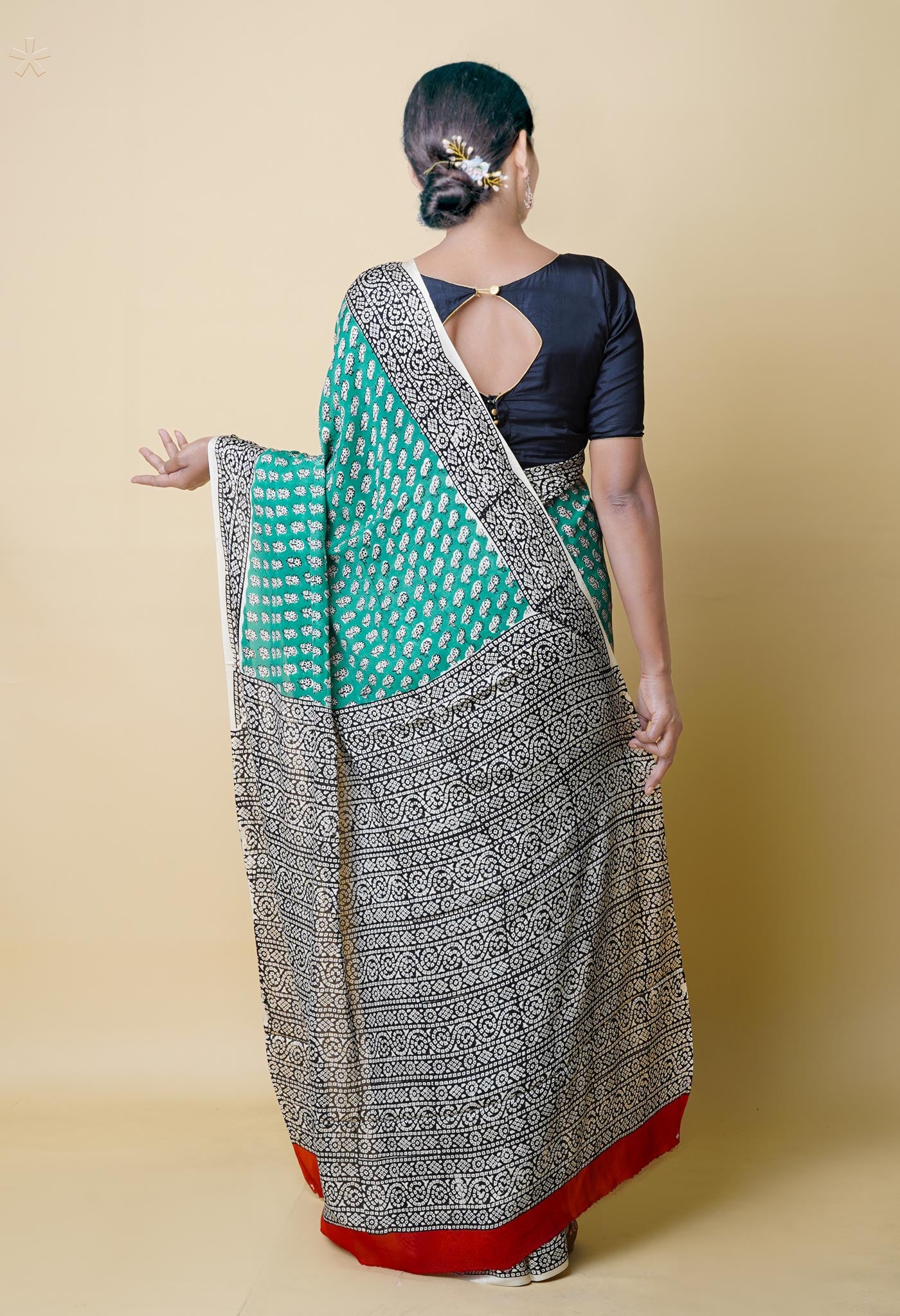 Green Pure Bagru Printed Georgette Silk Saree