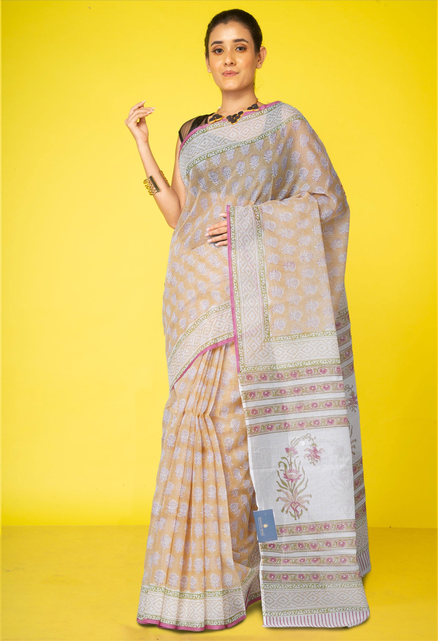 Cream Pure Block Printed Kota Cotton Saree With Cotton Blouse Piece-UNM73280