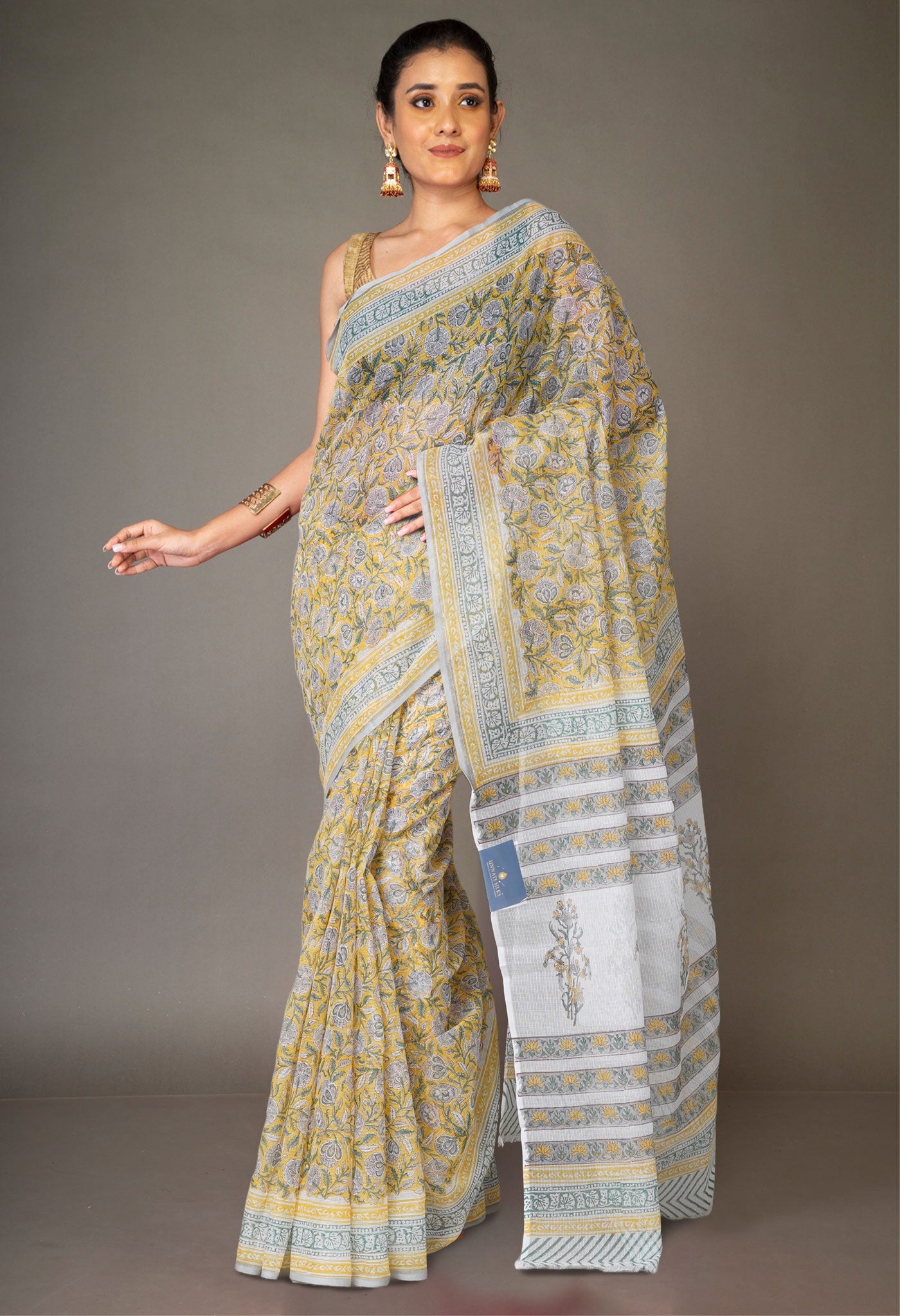 Yellow Pure Block Printed Kota Cotton Saree With Cotton Blouse Piece-UNM73281