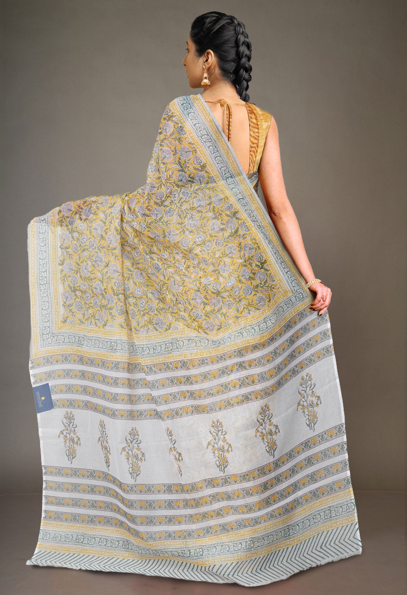 Yellow Pure Block Printed Kota Cotton Saree With Cotton Blouse Piece-UNM73281