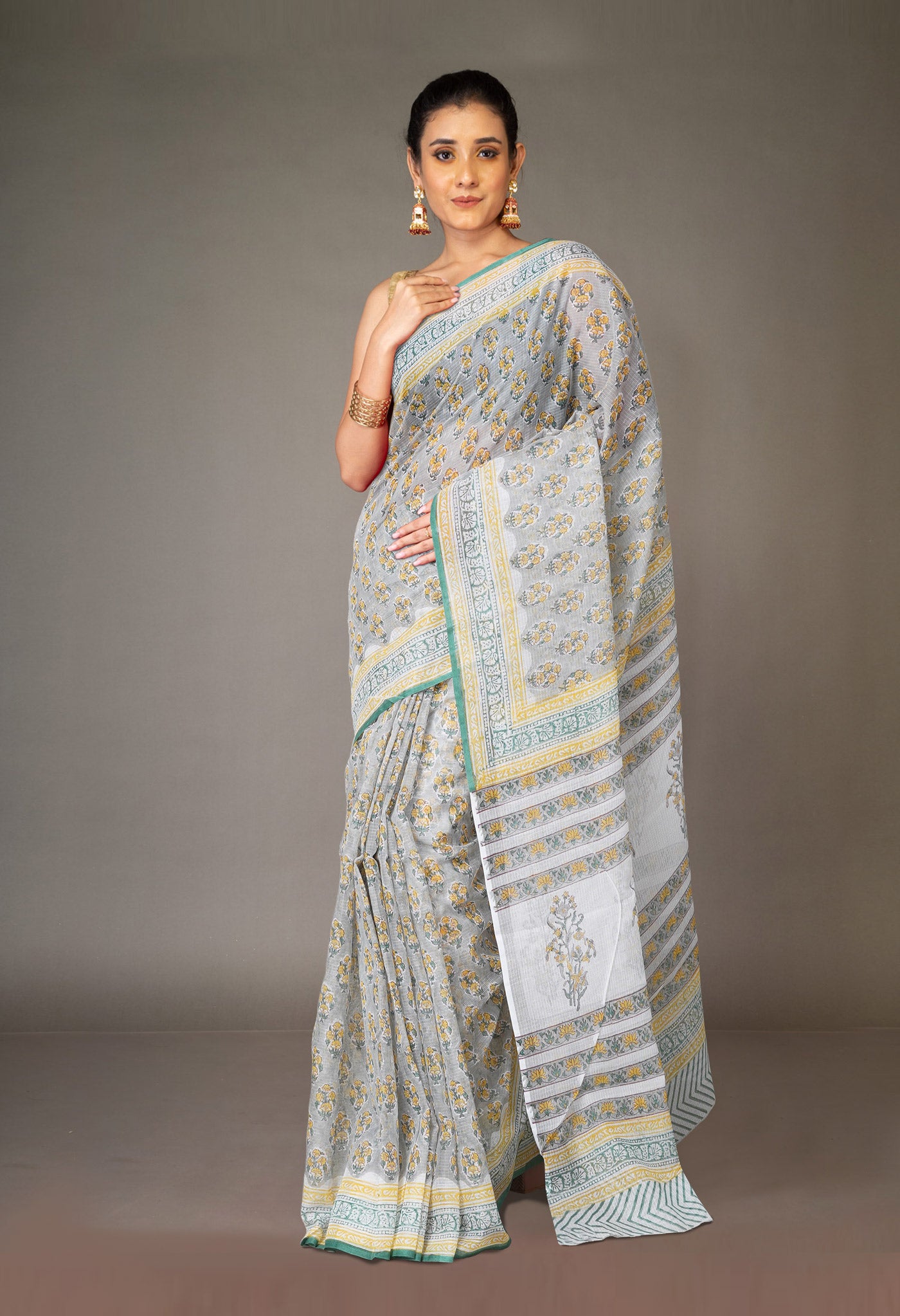 Grey Pure Block Printed Kota Cotton Saree With Cotton Blouse Piece-UNM73283