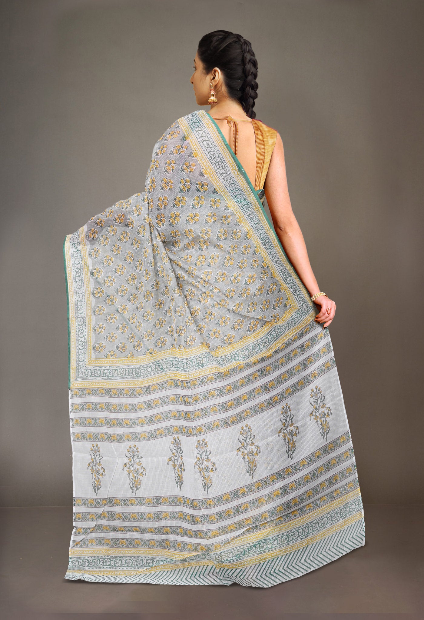 Grey Pure Block Printed Kota Cotton Saree With Cotton Blouse Piece-UNM73283