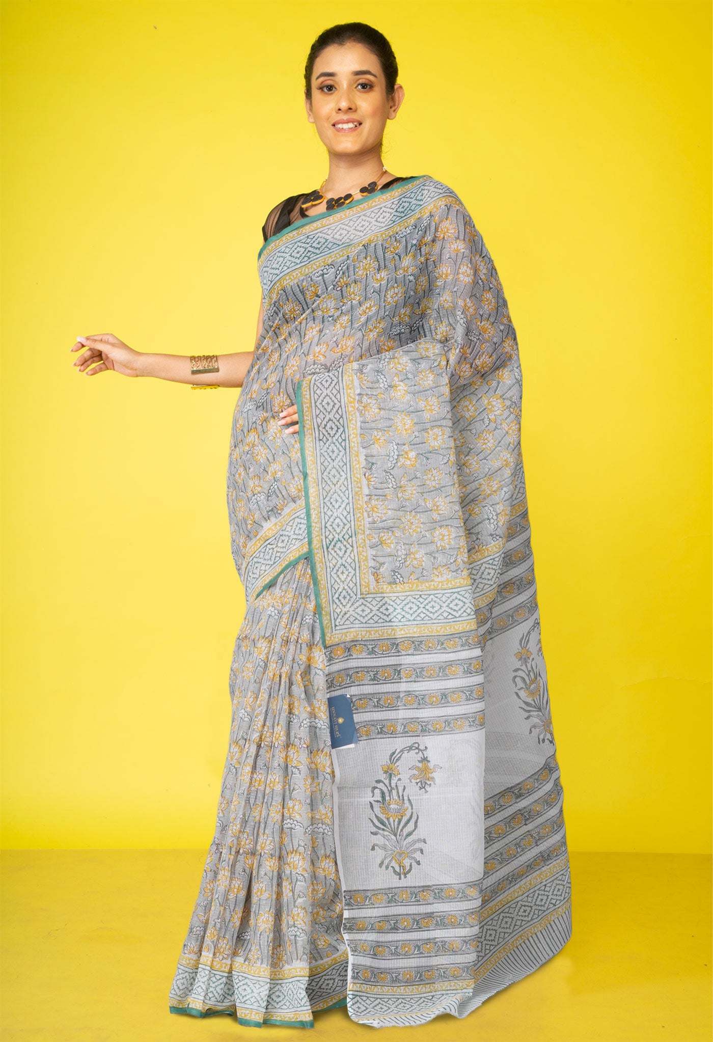 Grey Pure Block Printed Kota Cotton Saree With Cotton Blouse Piece-UNM73289