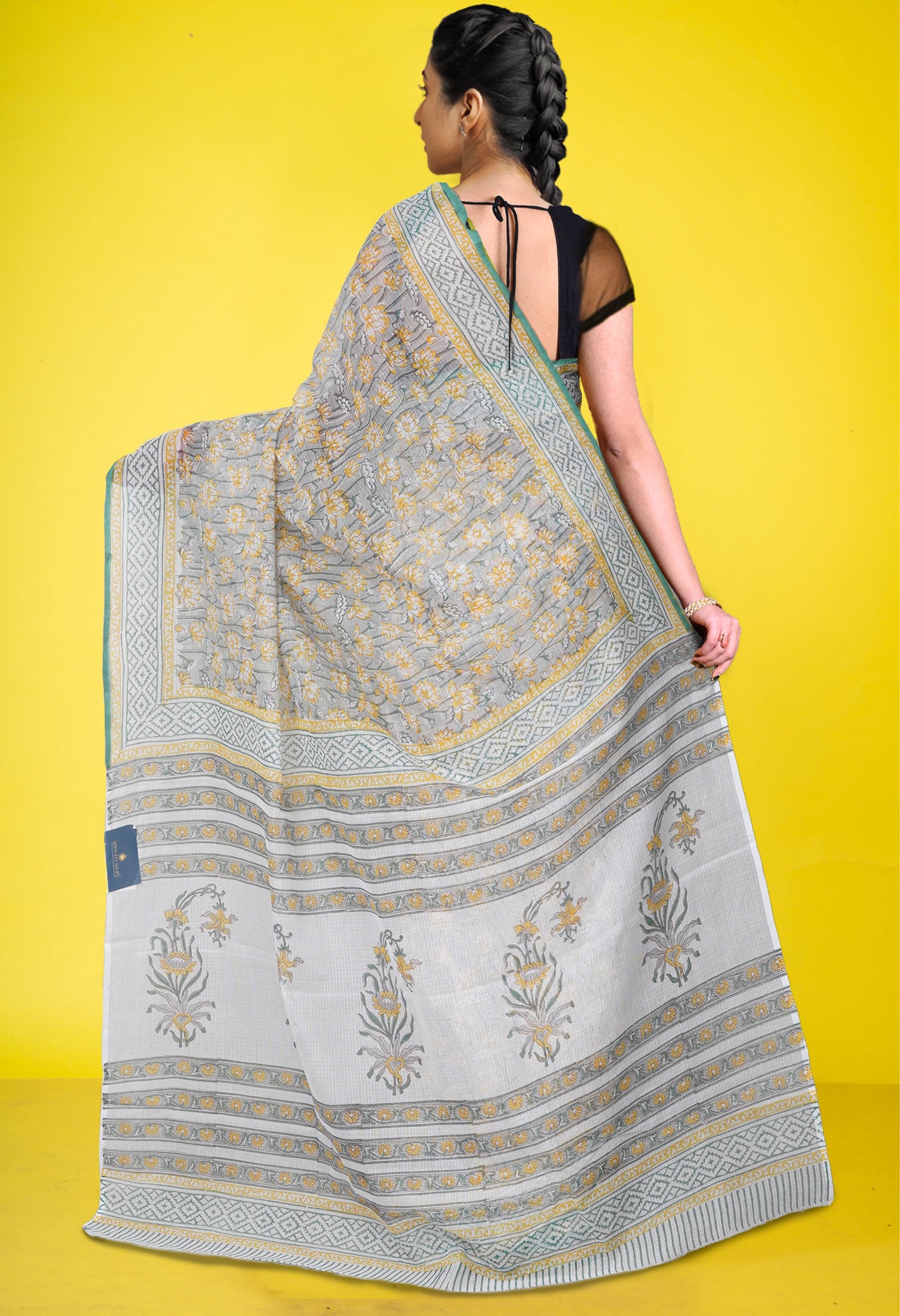 Grey Pure Block Printed Kota Cotton Saree With Cotton Blouse Piece-UNM73289