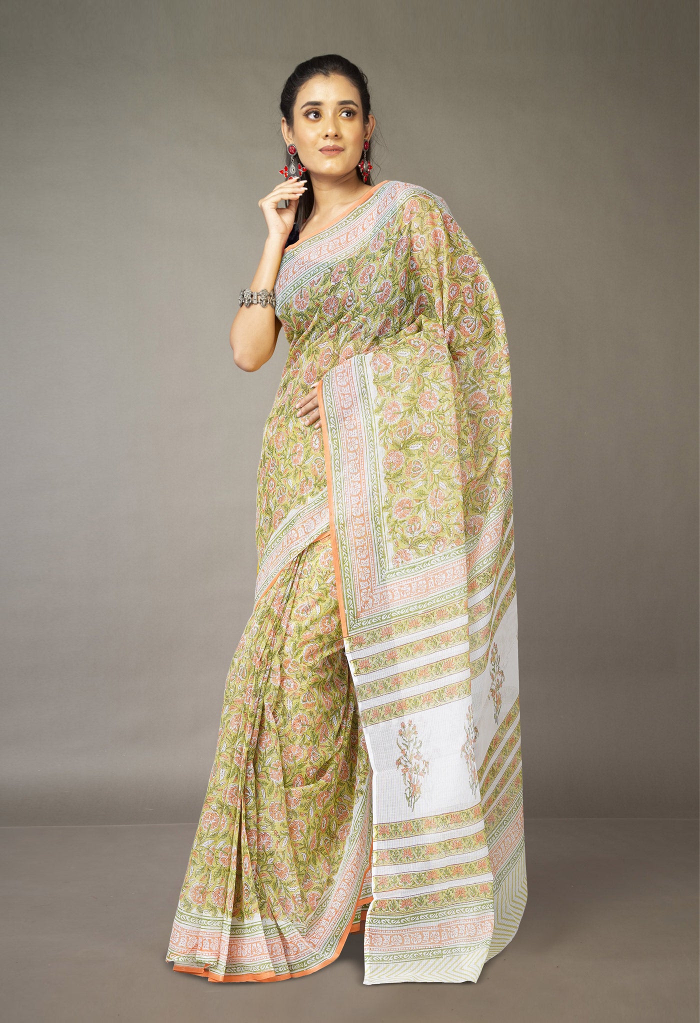 Green Pure Block Printed Kota Cotton Saree With Cotton Blouse Piece-UNM73292