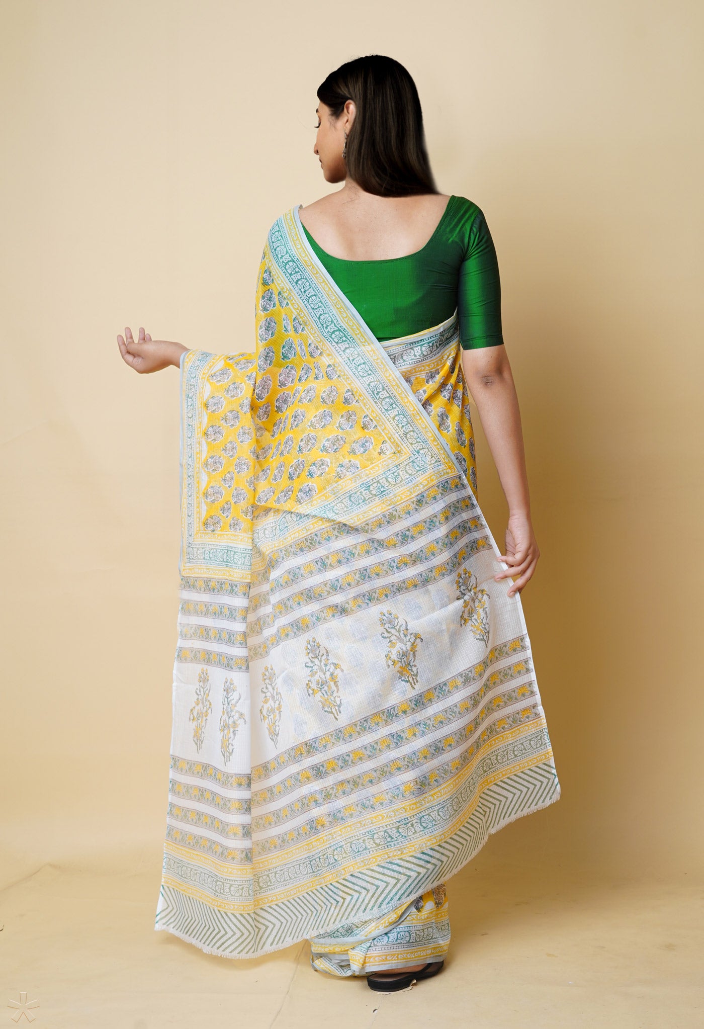 Yellow Pure Block Printed Kota Cotton Saree With Cotton Blouse Piece