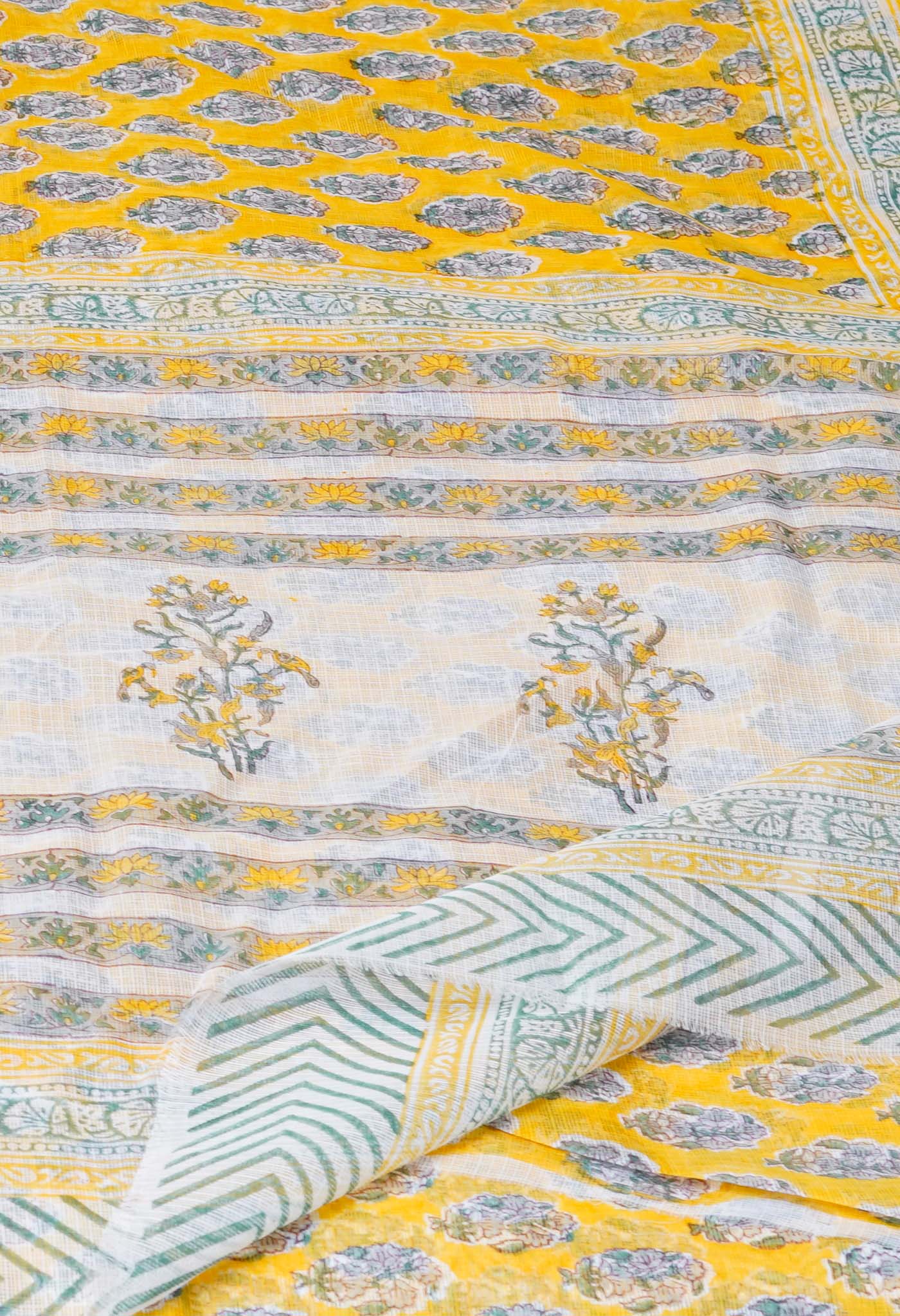 Yellow Pure Block Printed Kota Cotton Saree With Cotton Blouse Piece