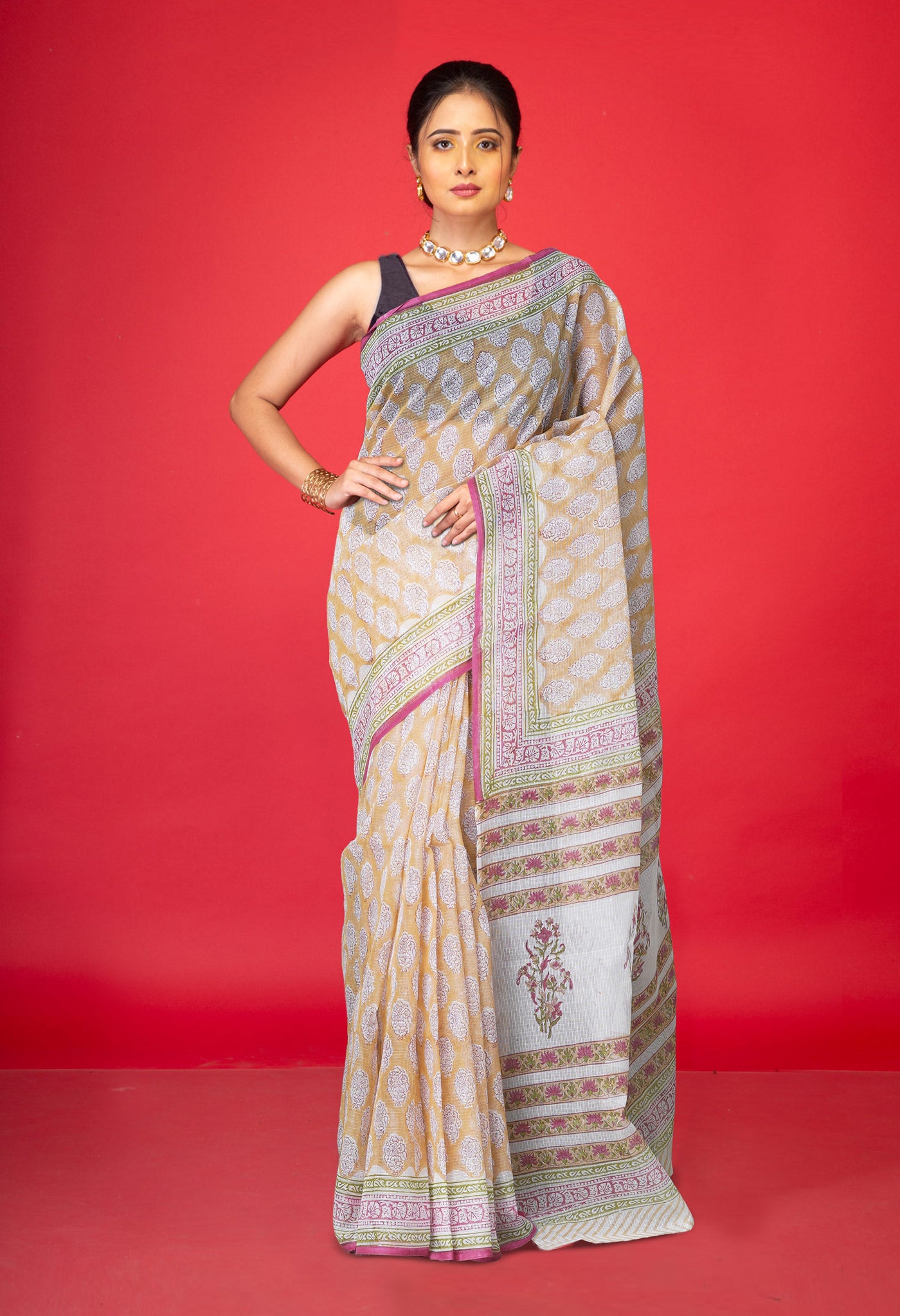 Cream Pure Block Printed Kota Cotton Saree With Cotton Blouse Piece-UNM73297