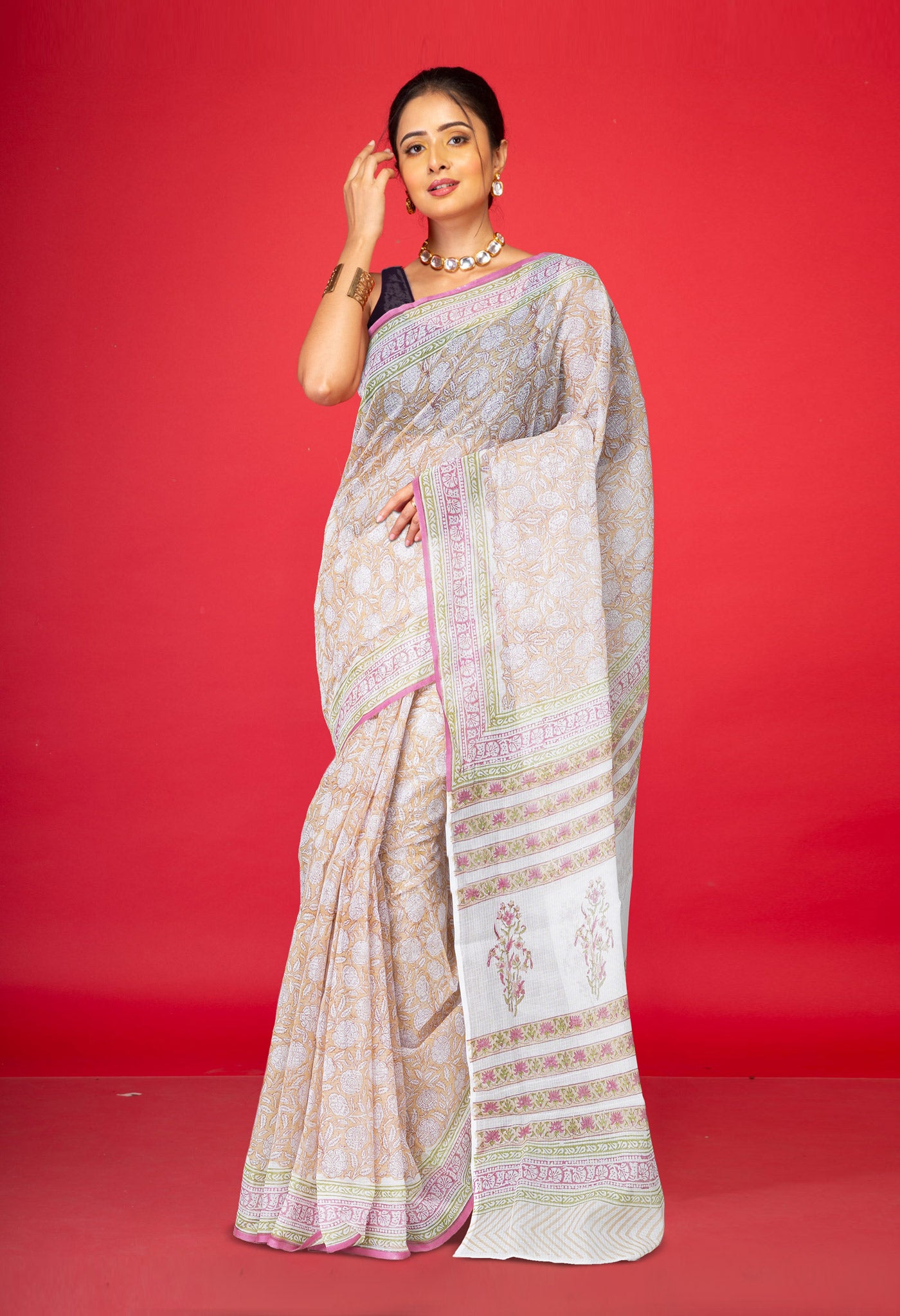 Cream Pure Block Printed Kota Cotton Saree With Cotton Blouse Piece-UNM73298