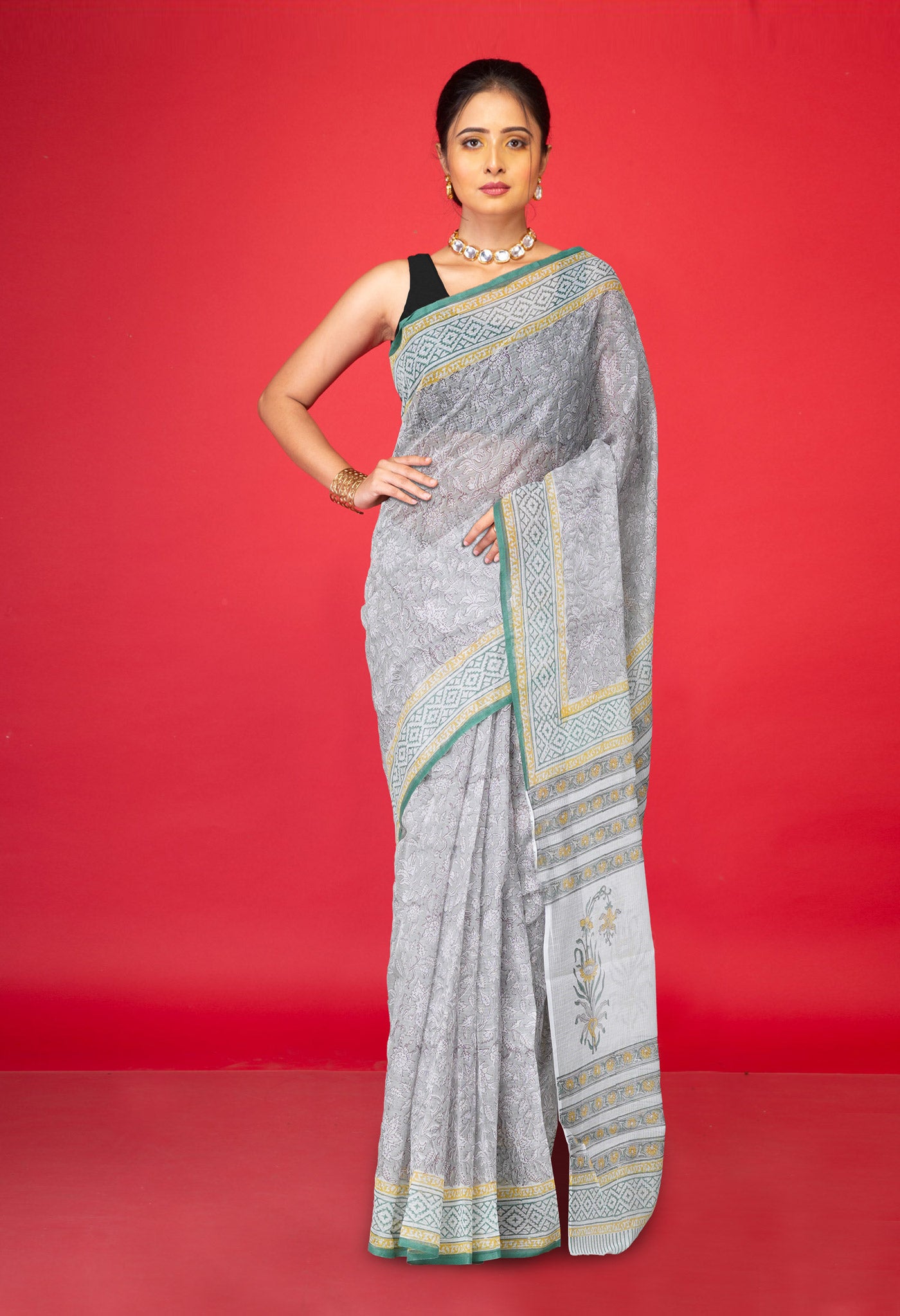 Grey Pure Block Printed Kota Cotton Saree With Cotton Blouse Piece-UNM73299