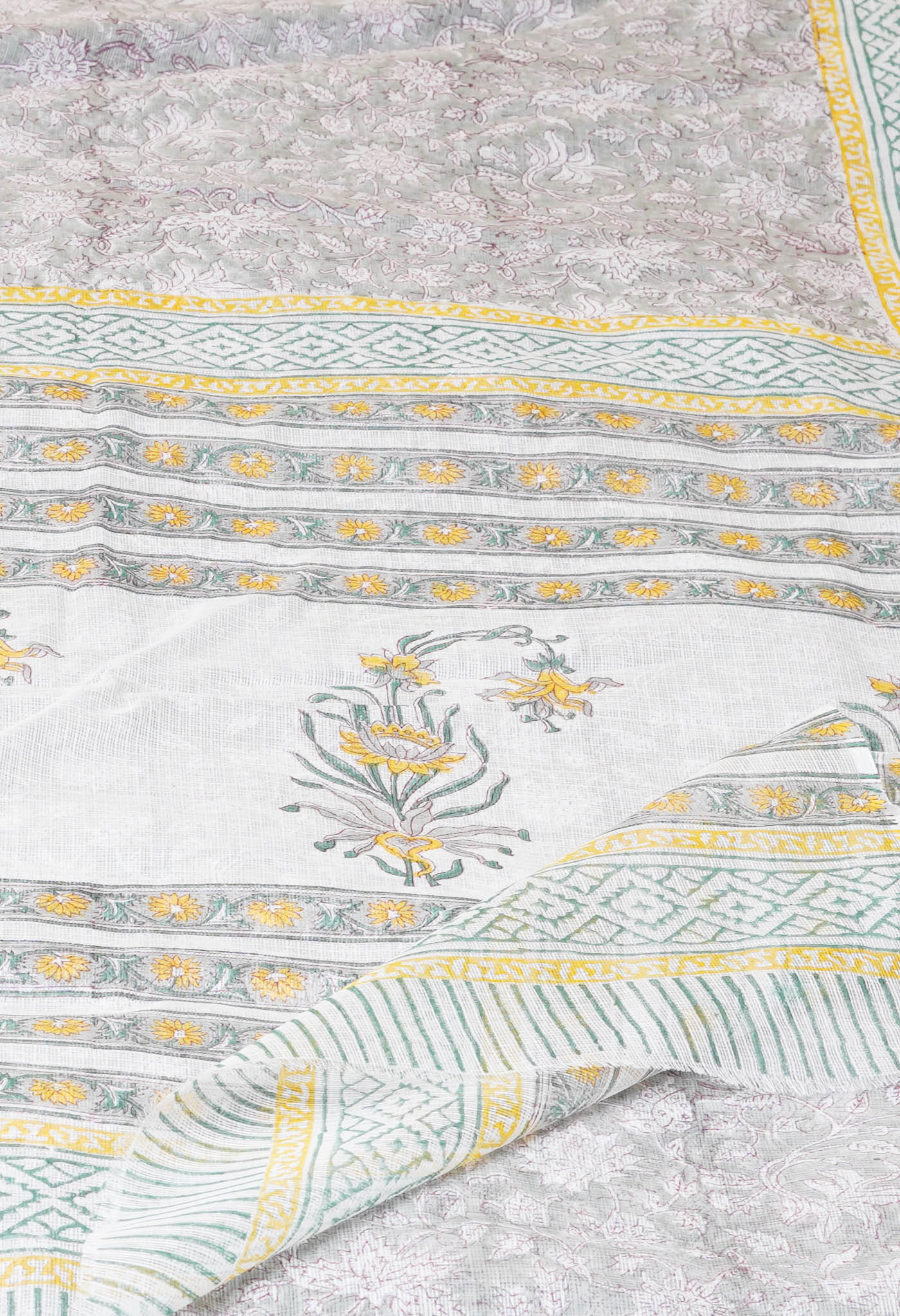 Grey Pure Block Printed Kota Cotton Saree With Cotton Blouse Piece-UNM73299