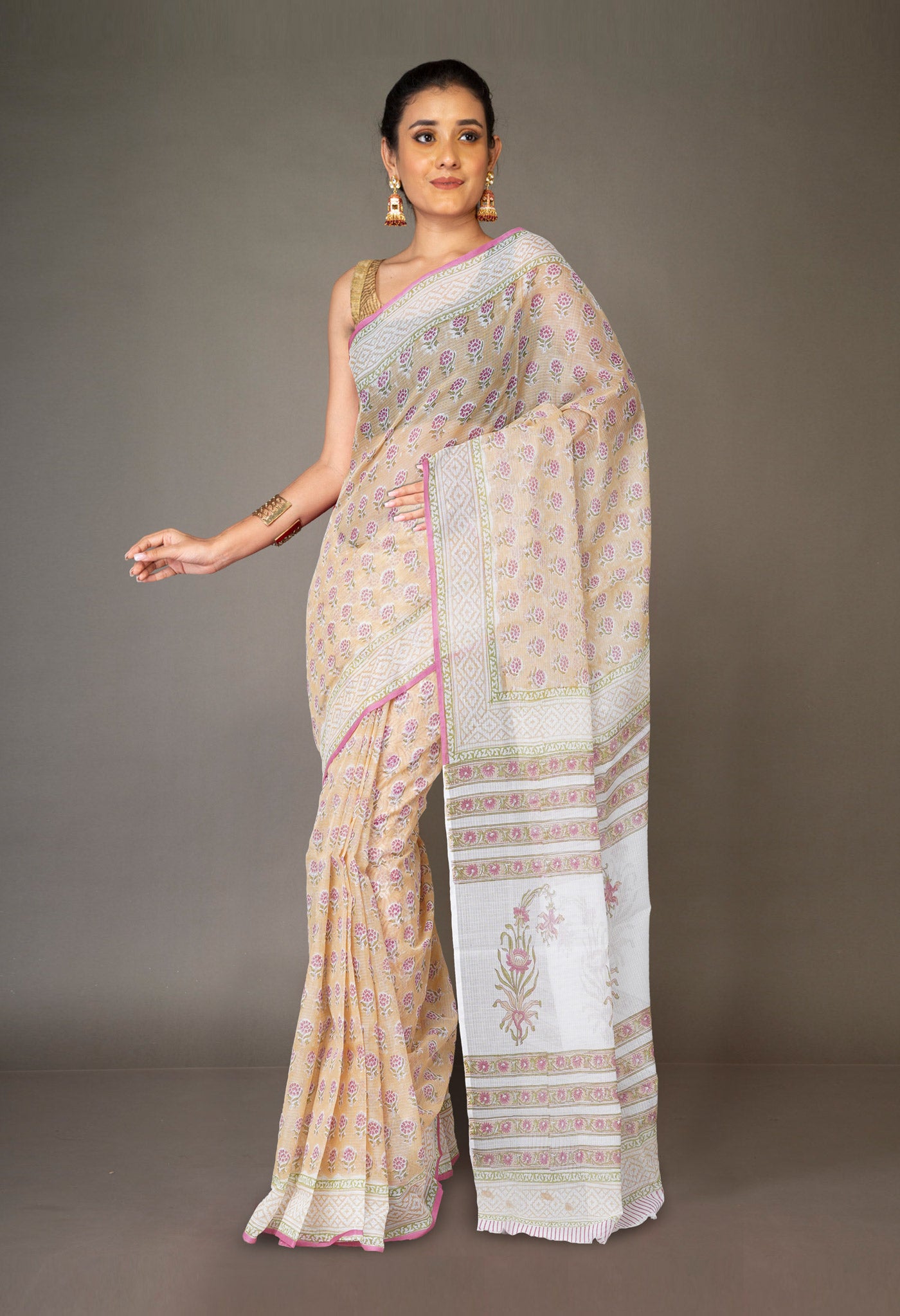 Cream Pure Block Printed Kota Cotton Saree With Cotton Blouse Piece-UNM73300