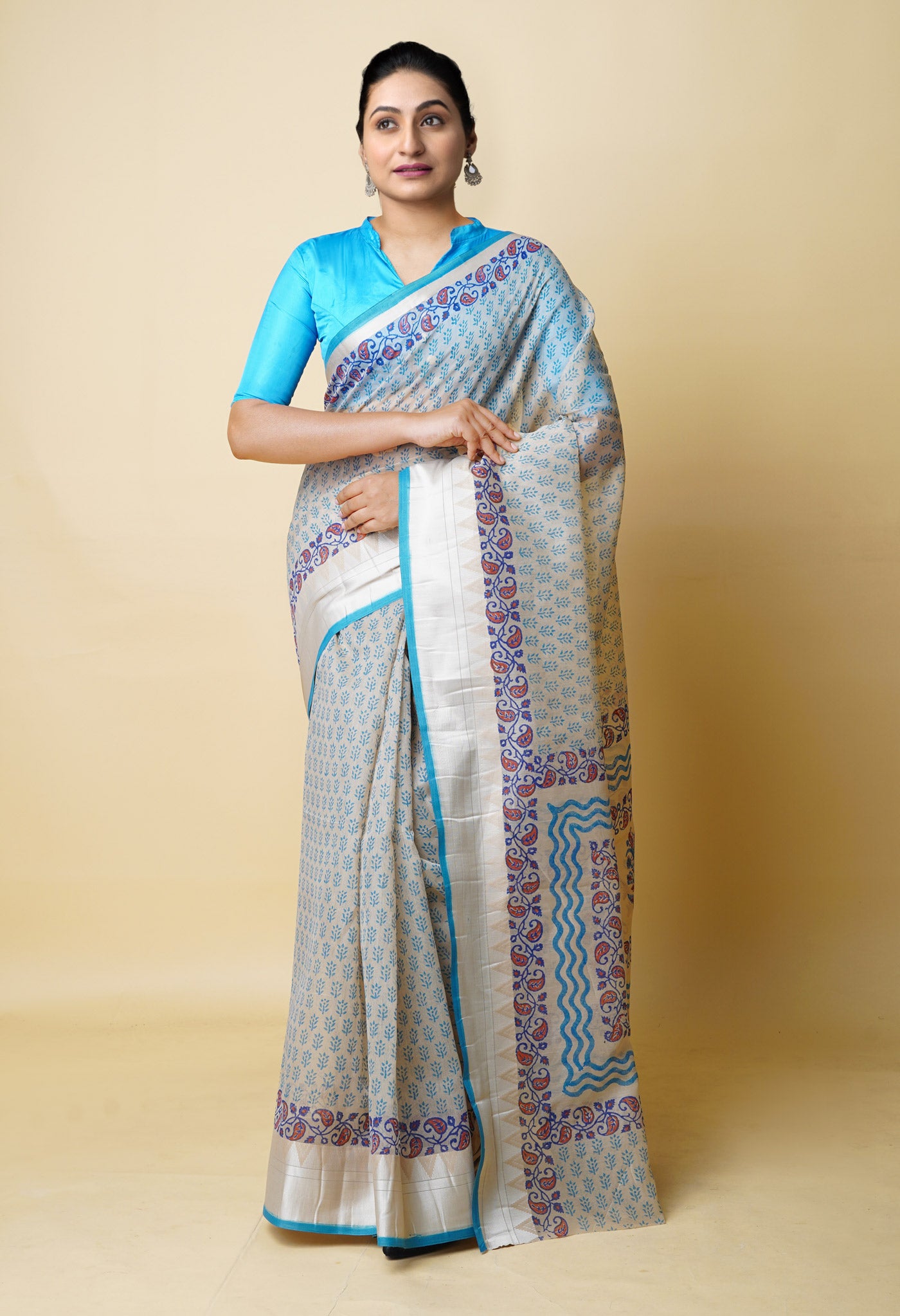 Cream Pure  Dyed Printed Chanderi Sico Saree-UNM73311