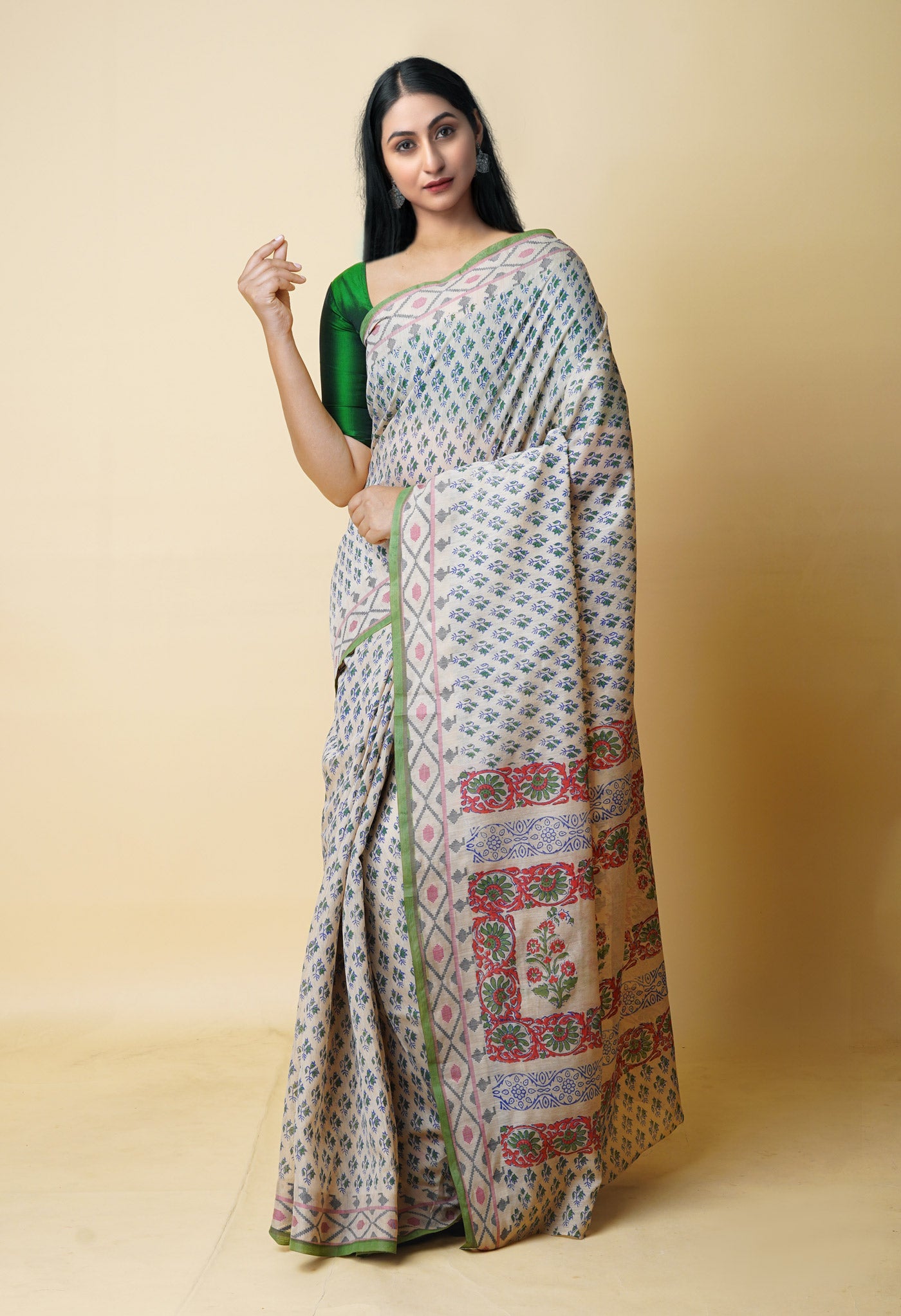 Cream Pure  Dyed Printed Chanderi Sico Saree-UNM73318