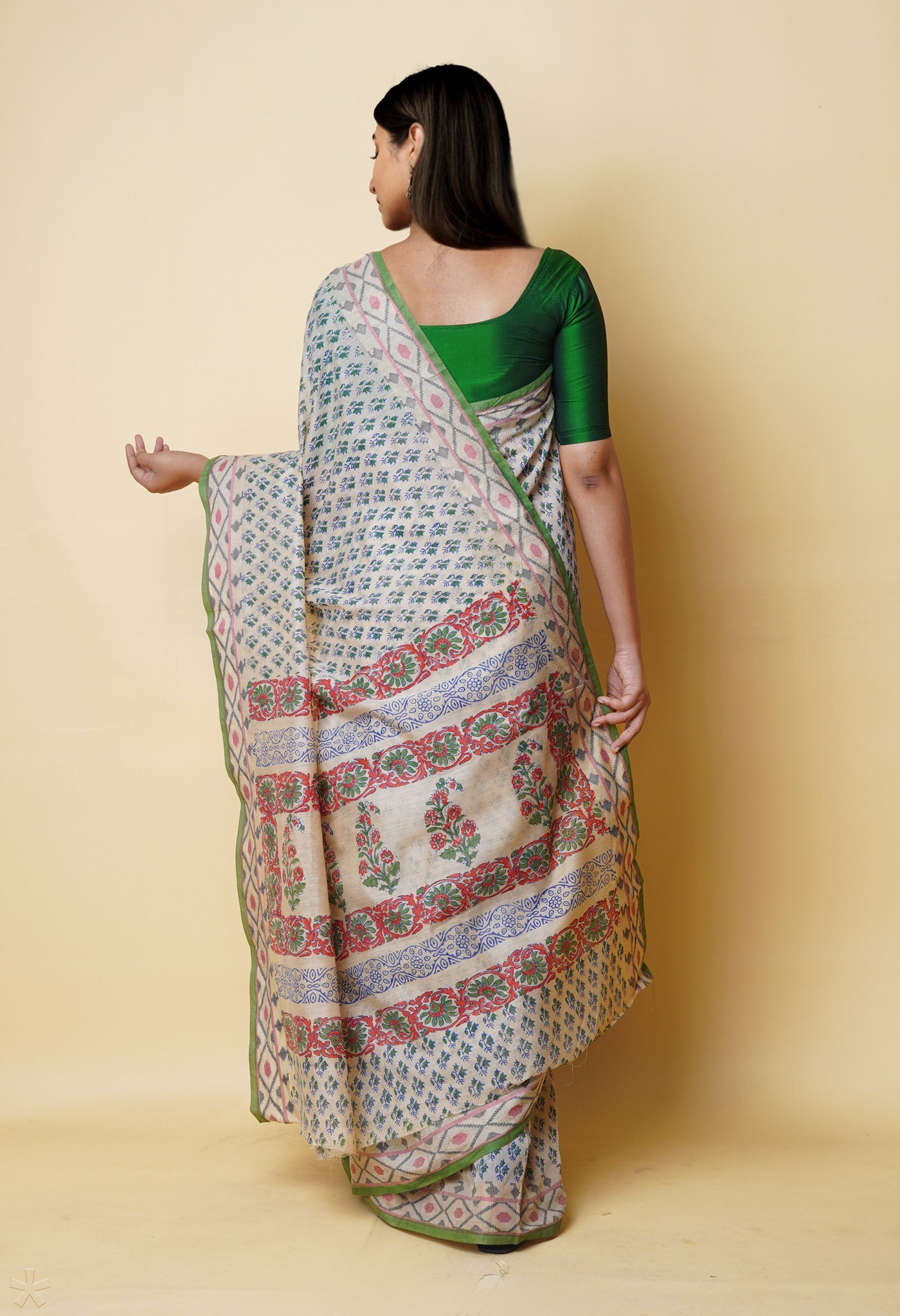 Cream Pure  Dyed Printed Chanderi Sico Saree-UNM73318