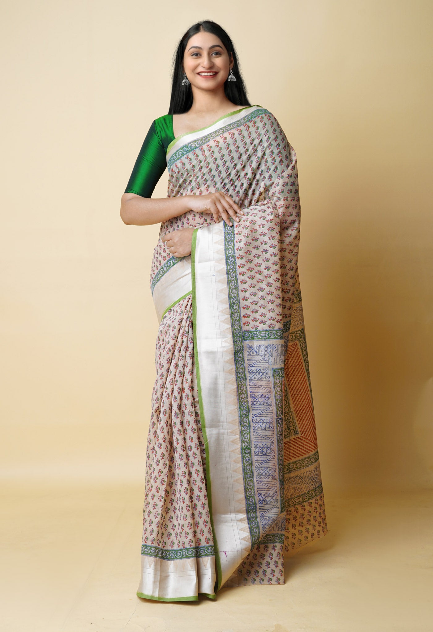 Cream Pure  Dyed Printed Chanderi Sico Saree-UNM73320