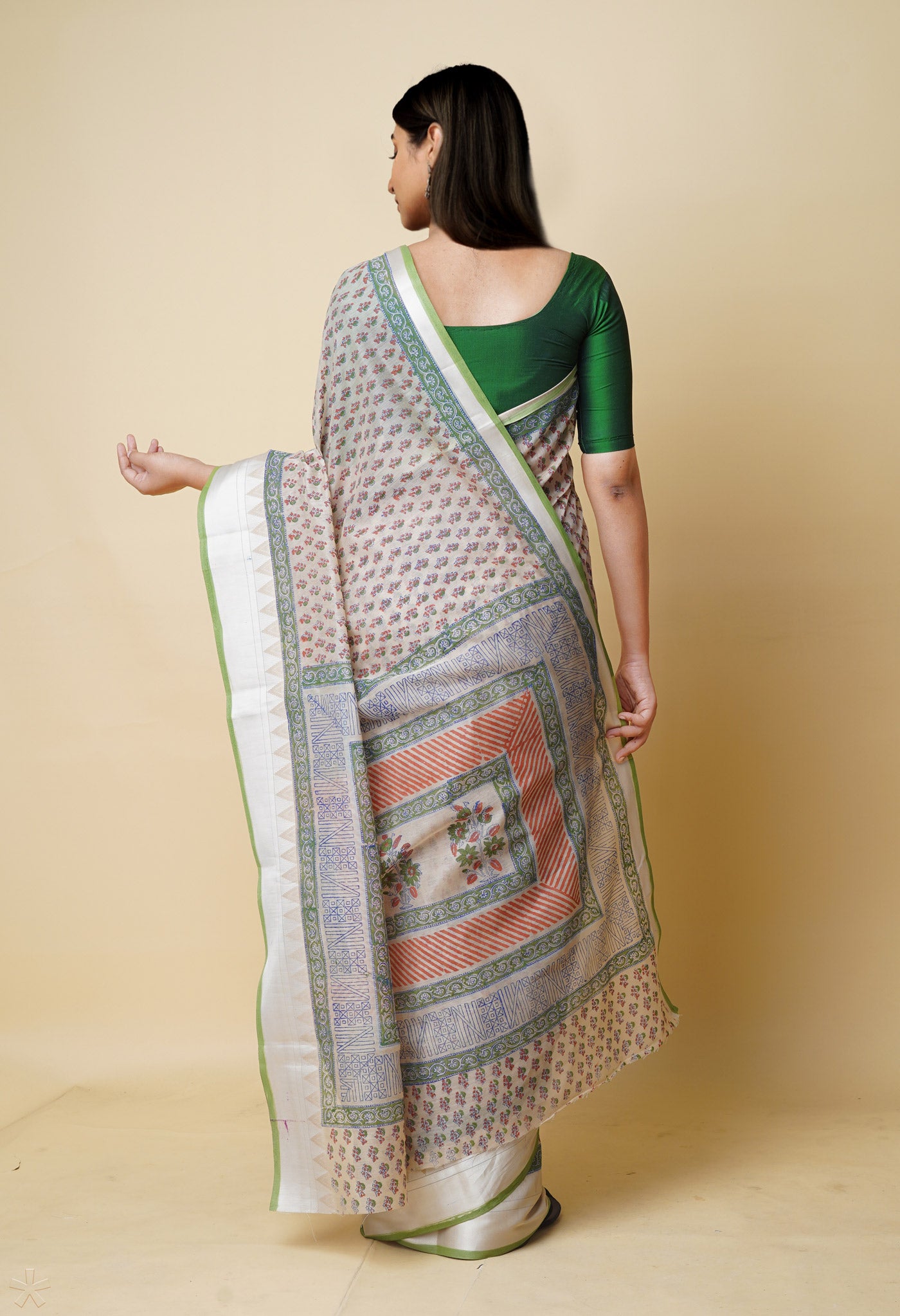 Cream Pure  Dyed Printed Chanderi Sico Saree-UNM73320