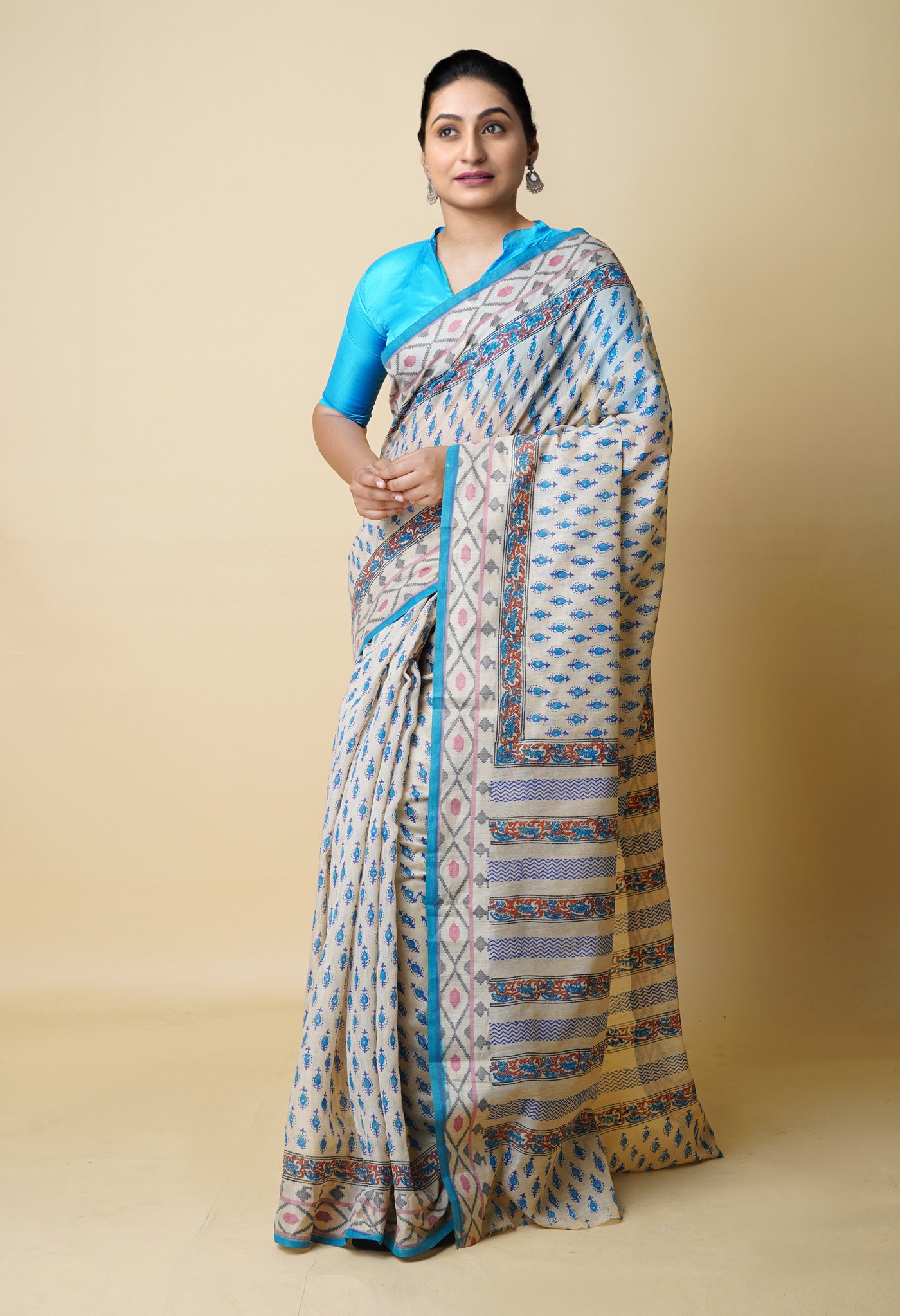 Cream Pure  Dyed Printed Chanderi Sico Saree-UNM73322