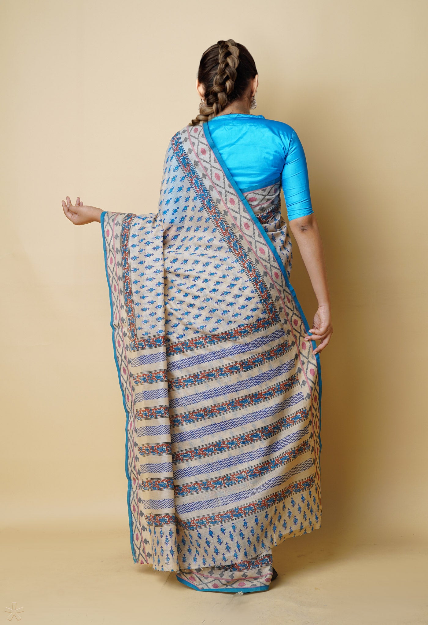 Cream Pure  Dyed Printed Chanderi Sico Saree-UNM73322