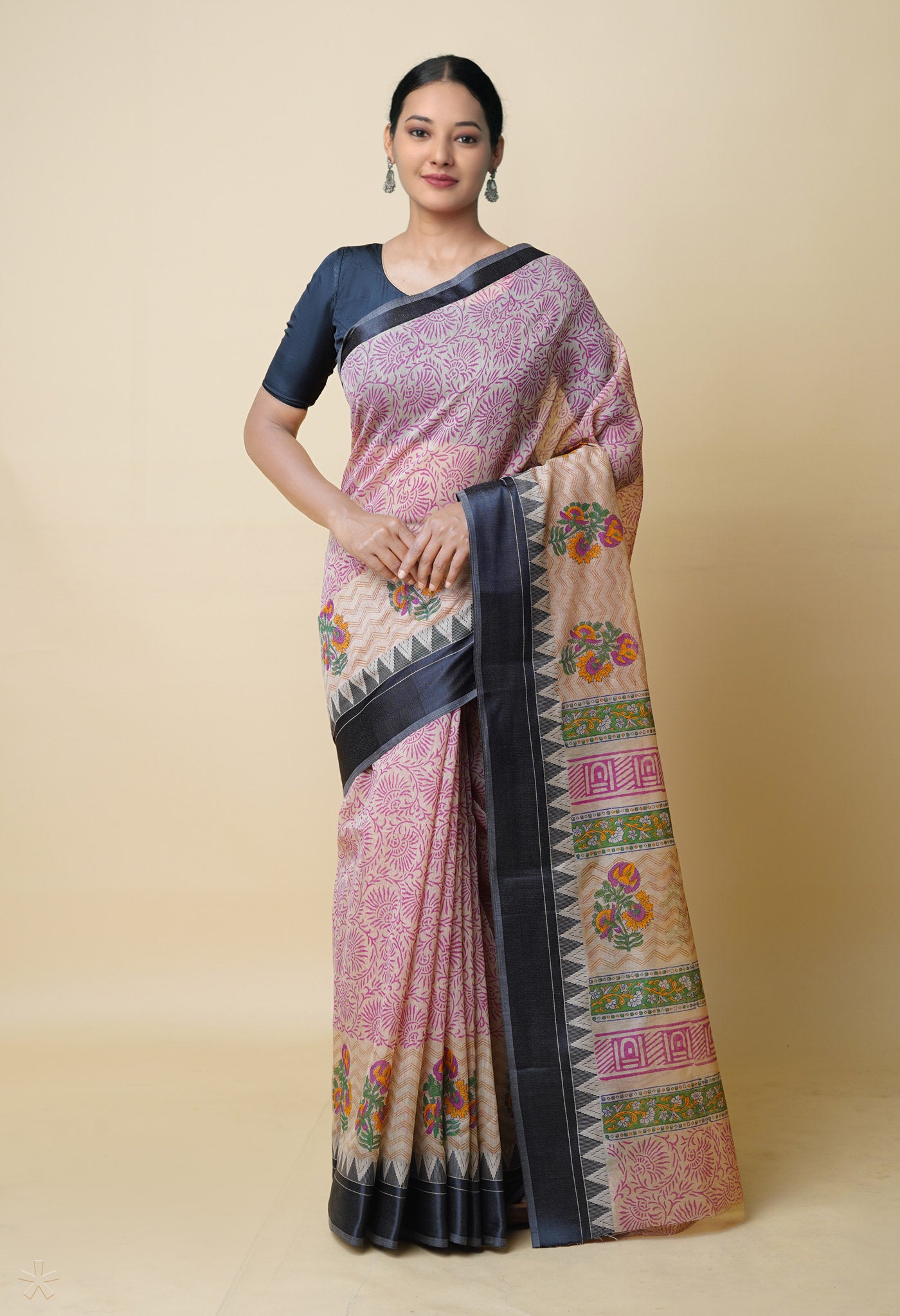 Cream Pure  Dyed Printed Chanderi Sico Saree-UNM73324