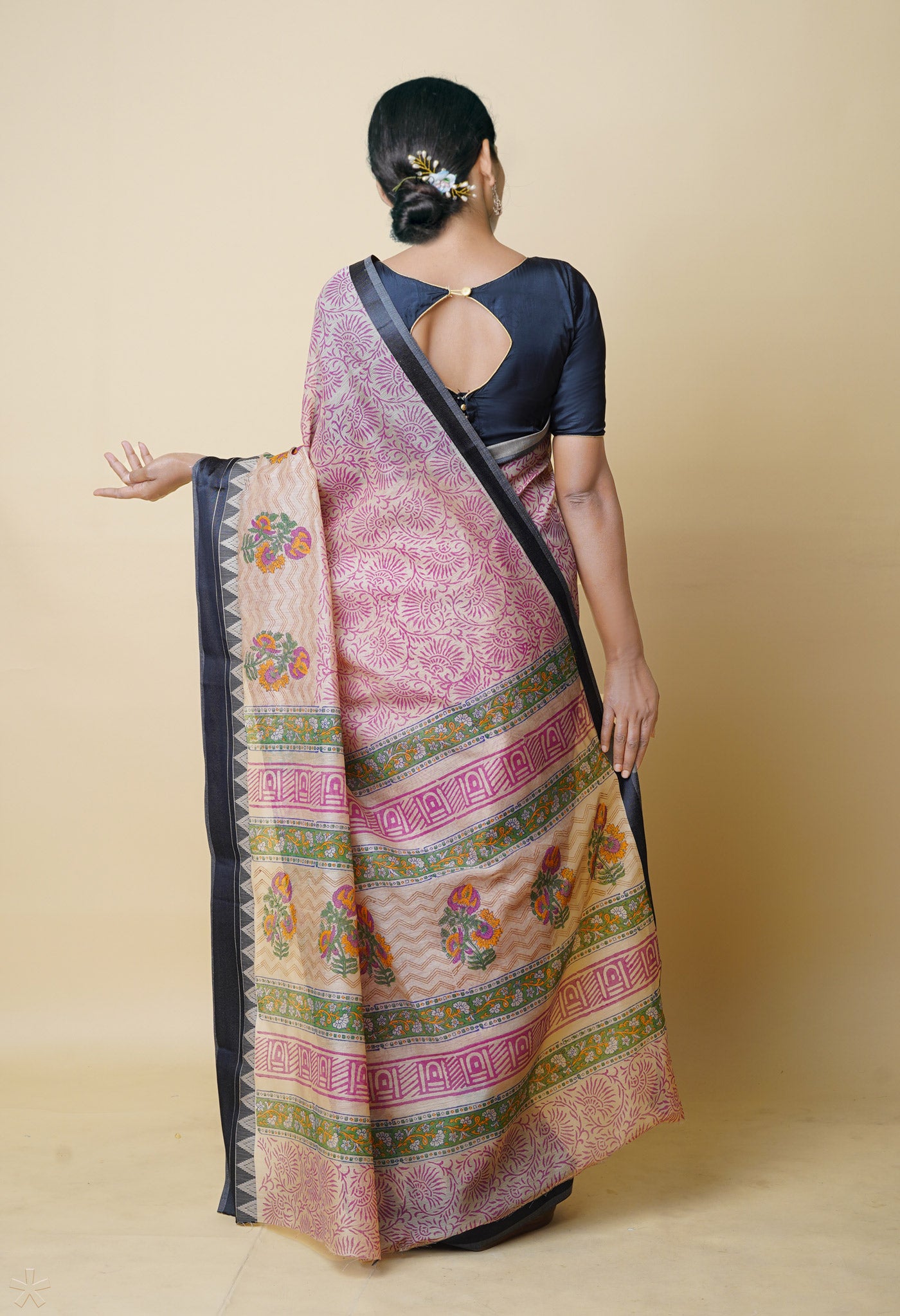 Cream Pure  Dyed Printed Chanderi Sico Saree-UNM73324