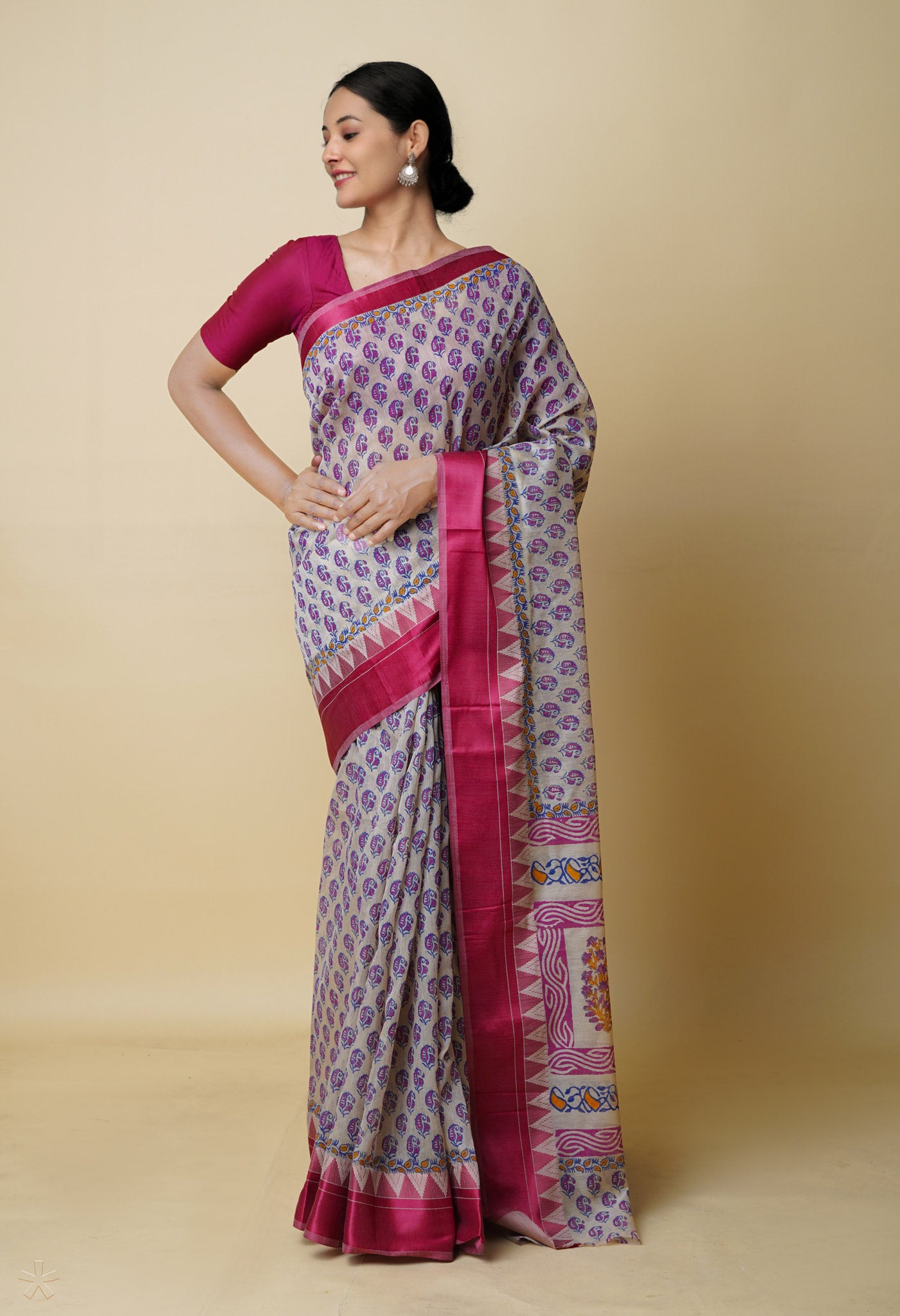 Cream Pure  Dyed Printed Chanderi Sico Saree-UNM73331