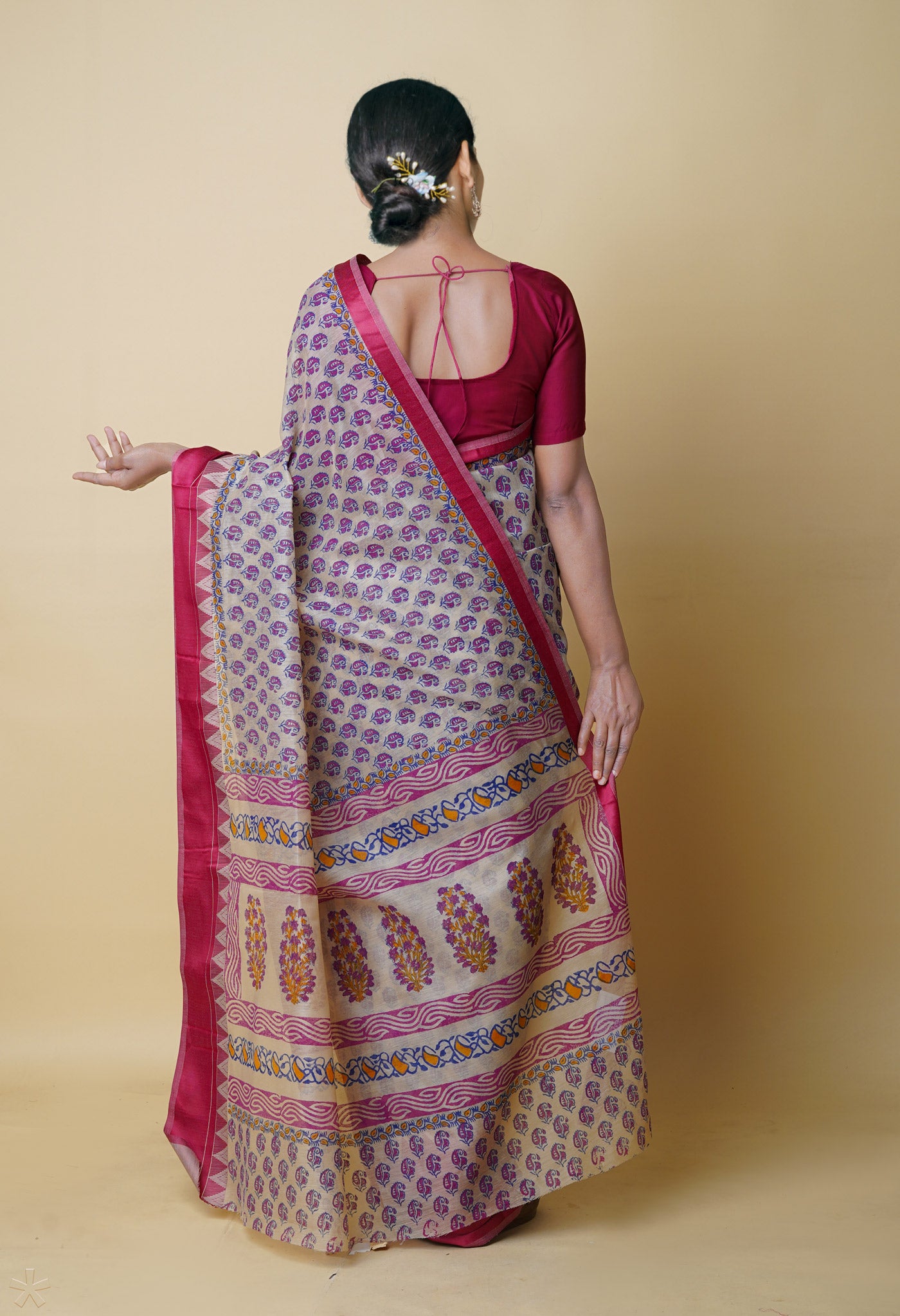 Cream Pure  Dyed Printed Chanderi Sico Saree-UNM73331