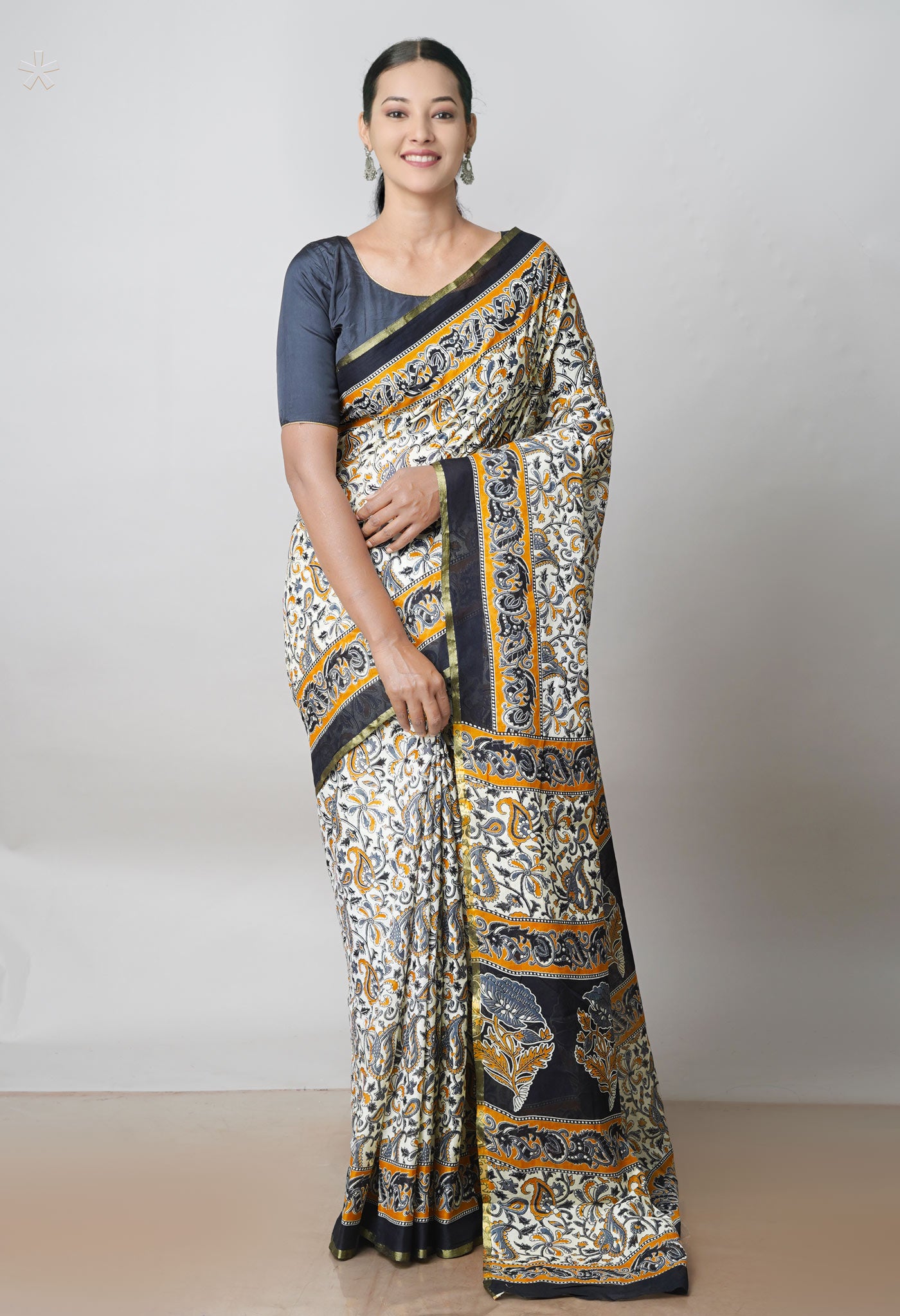 White Pure Ajrakh Printed Superfine Mulmul Cotton Saree