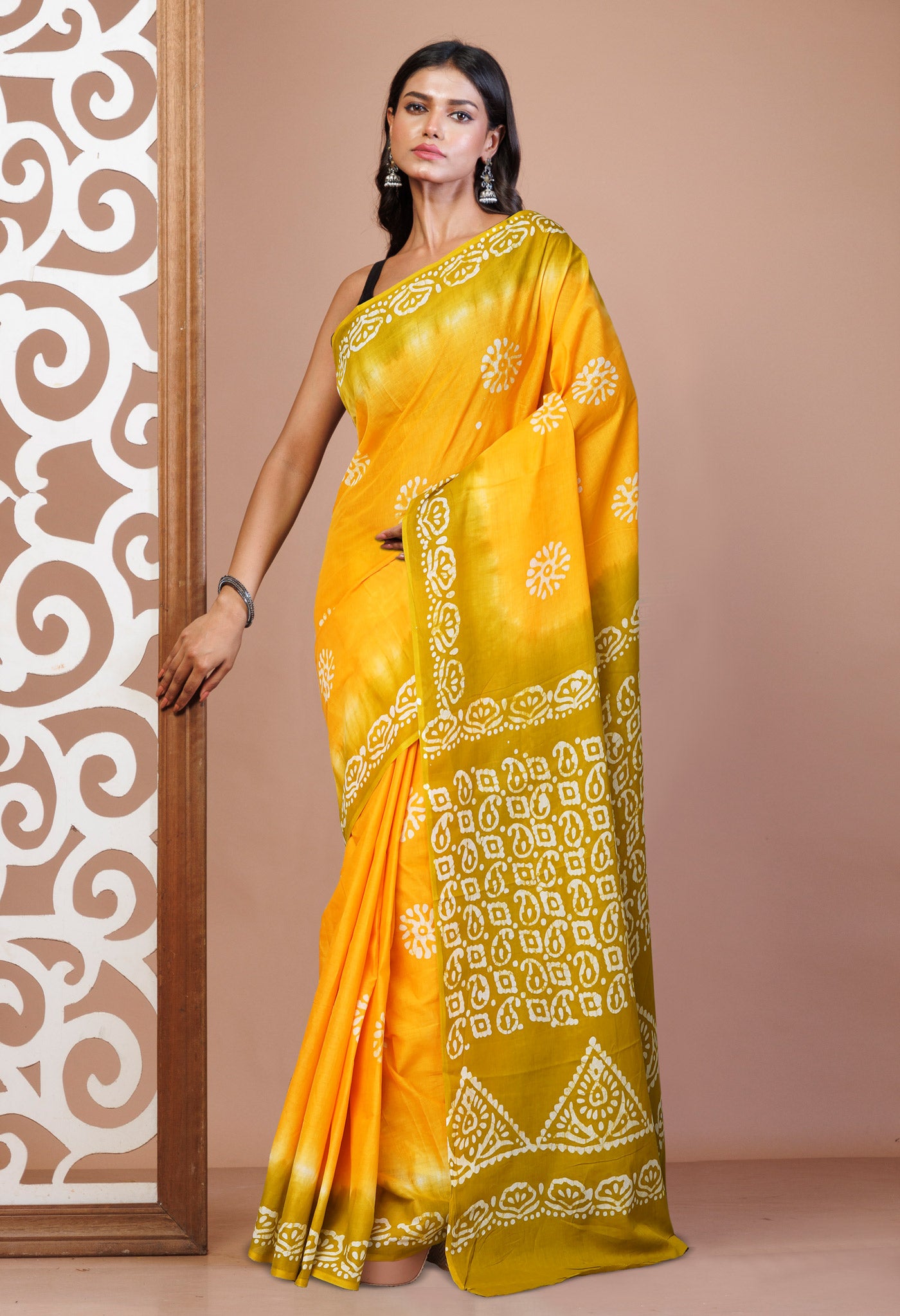 Yellow Pure Hand Batik Printed Cotton Saree-UNM73410