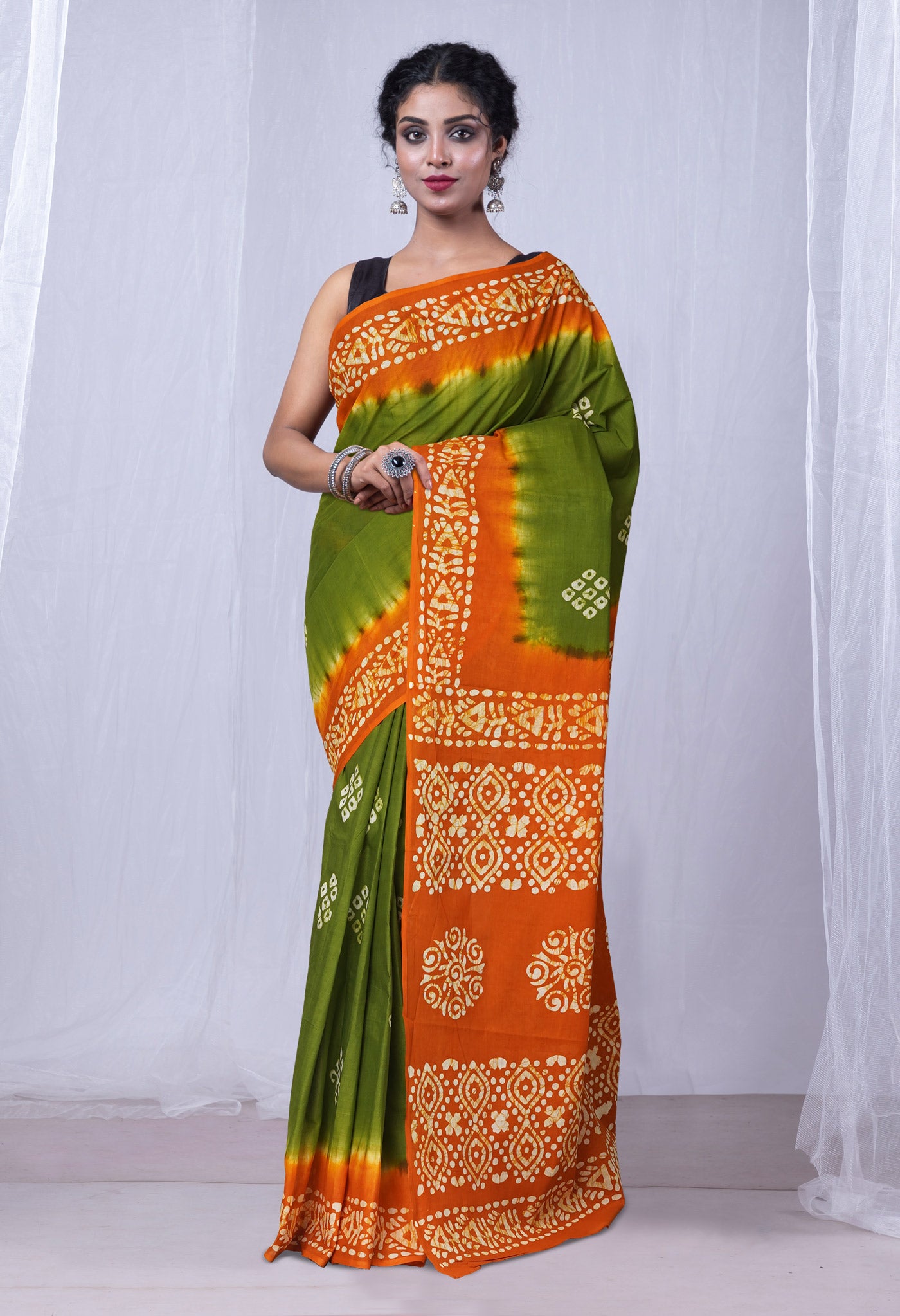 Olive Green-Mustard Yellow Pure Hand Batik Printed Cotton Saree-UNM73412