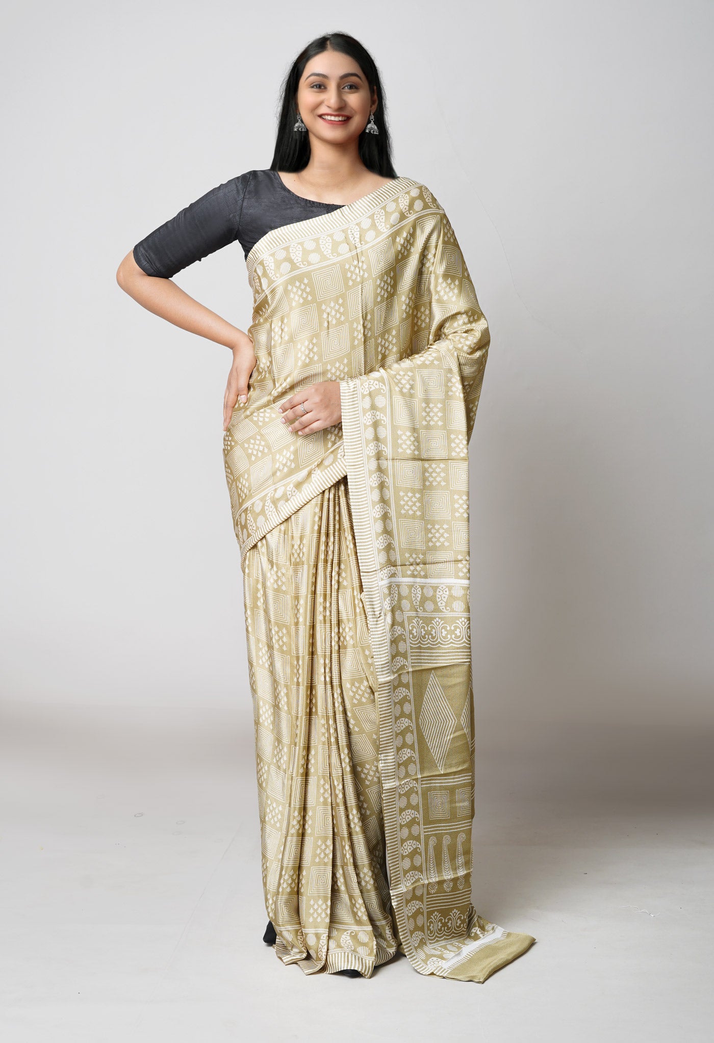 Mud Brown Pure  Block Printed Soft Silk Saree-UNM73424