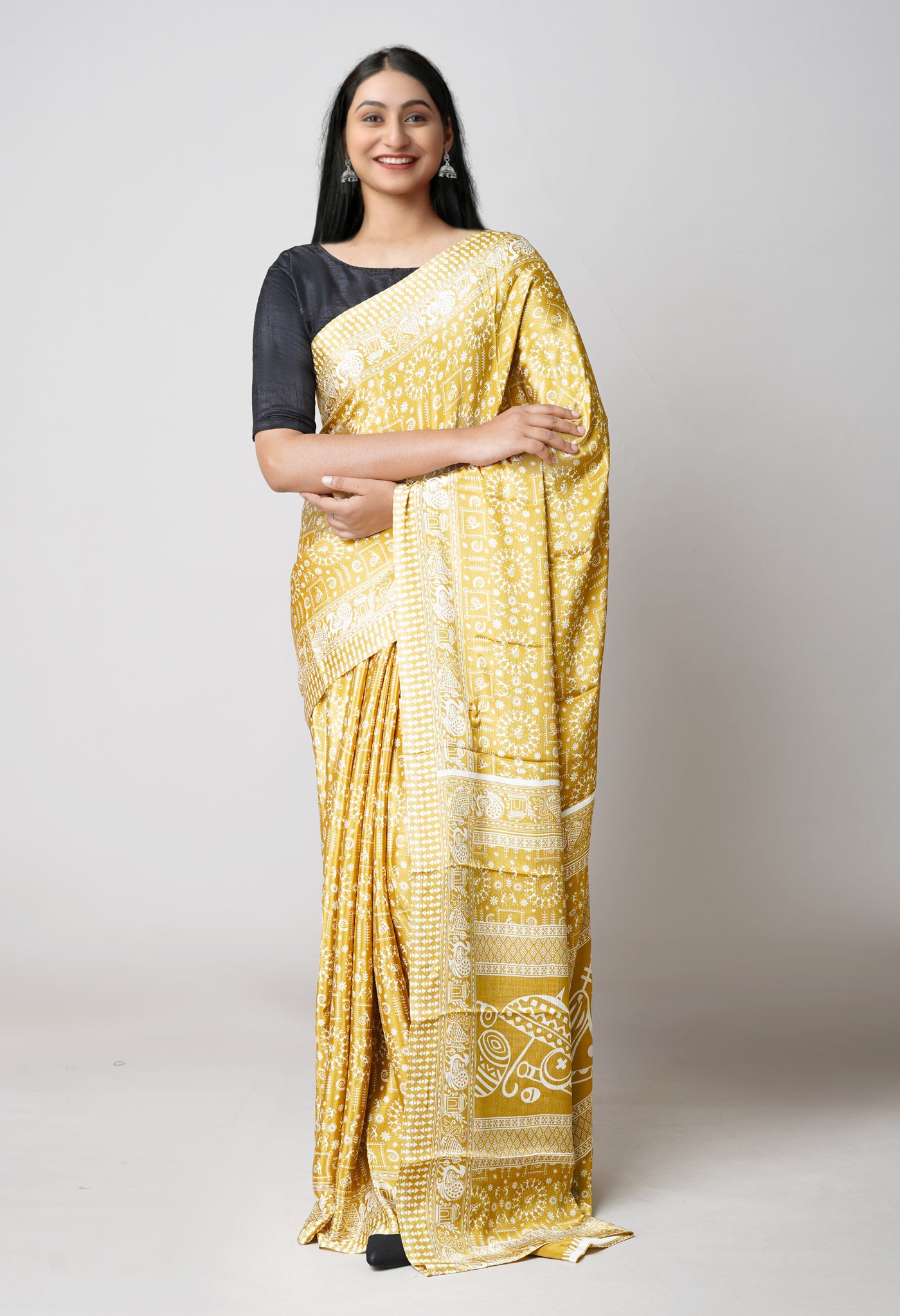 Mud Brown Pure  Block Printed Soft Silk Saree-UNM73425