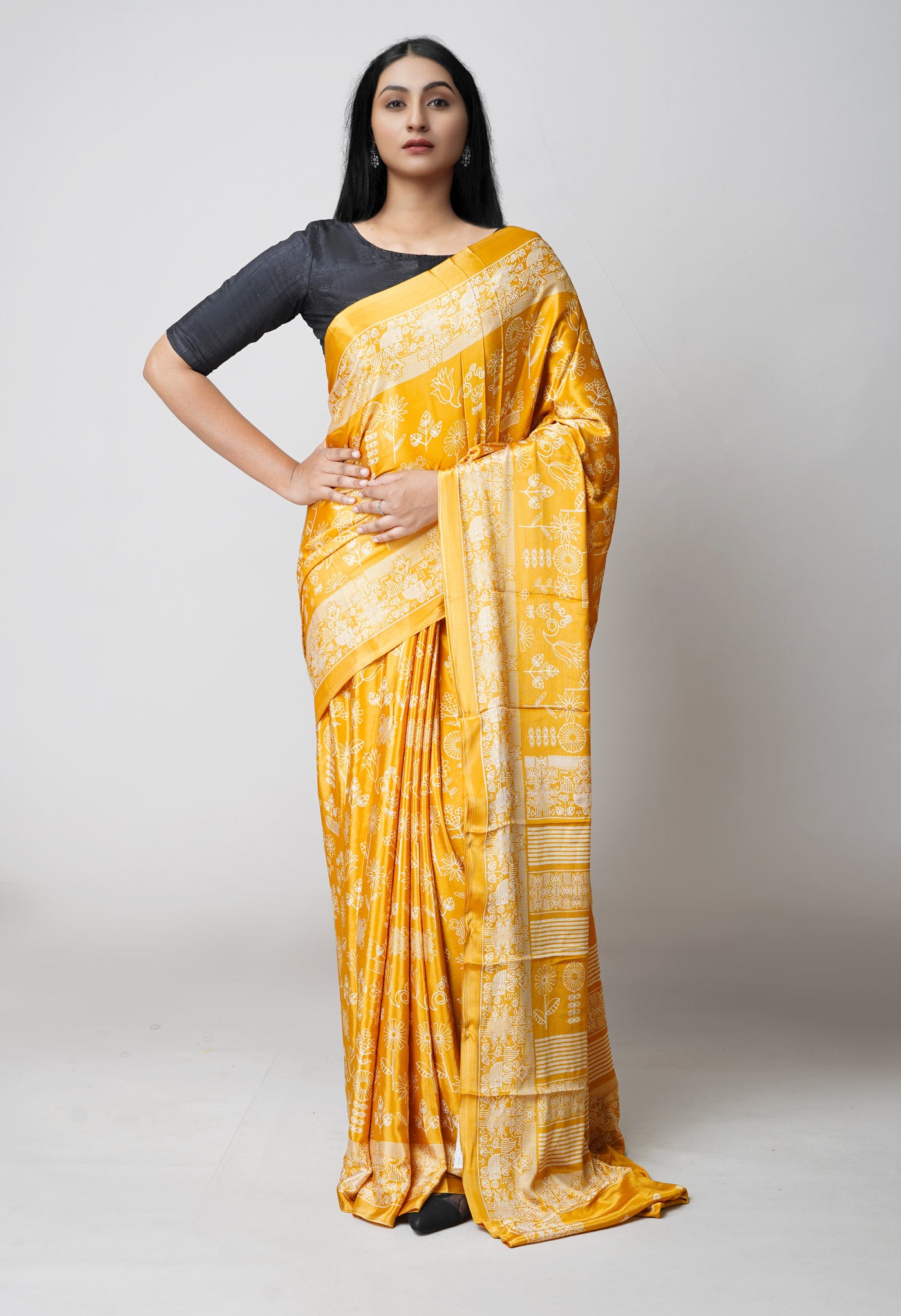 Yellow Pure  Block Printed Soft Silk Saree-UNM73442