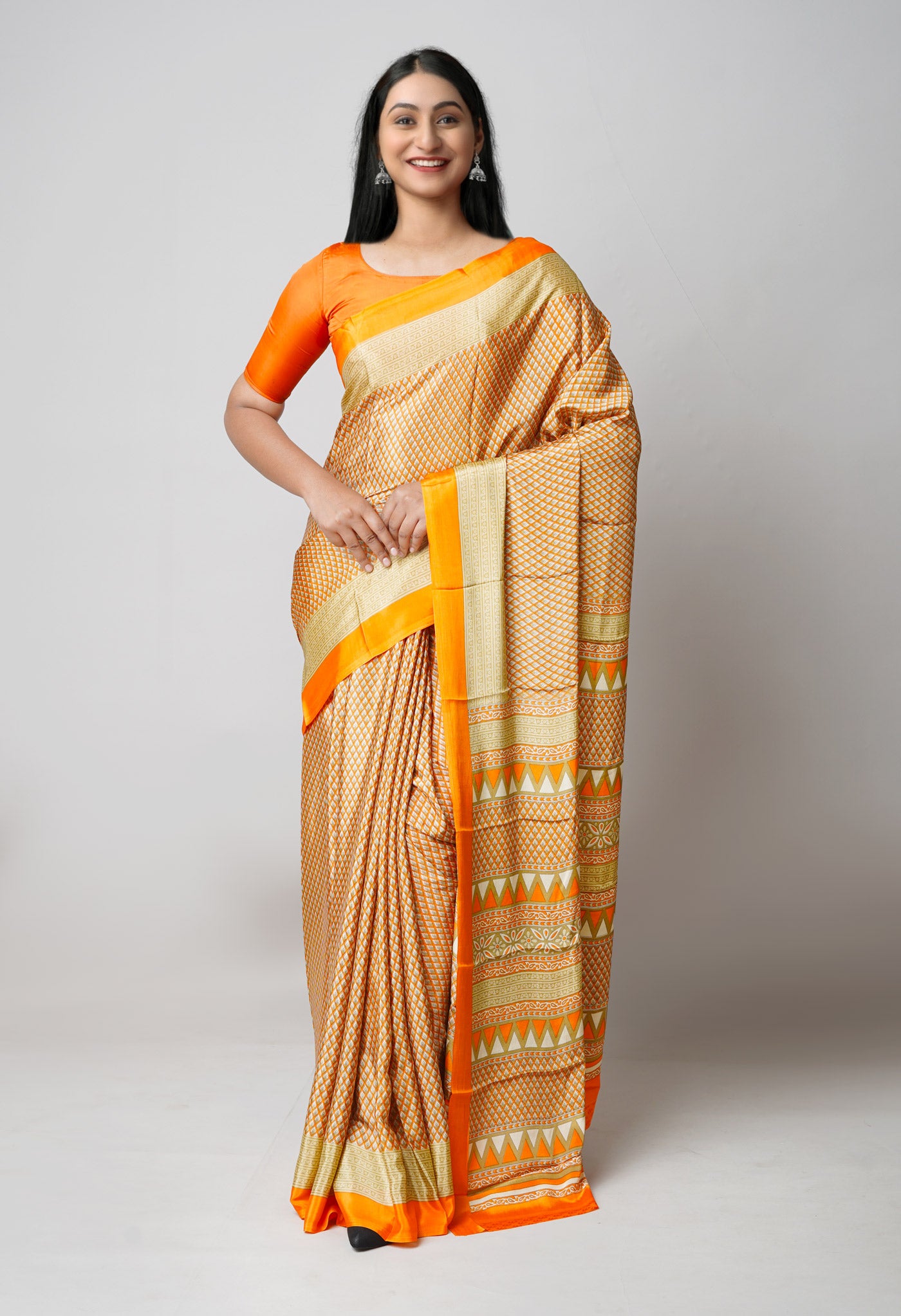 Orange Pure Block Printed Soft Silk Saree