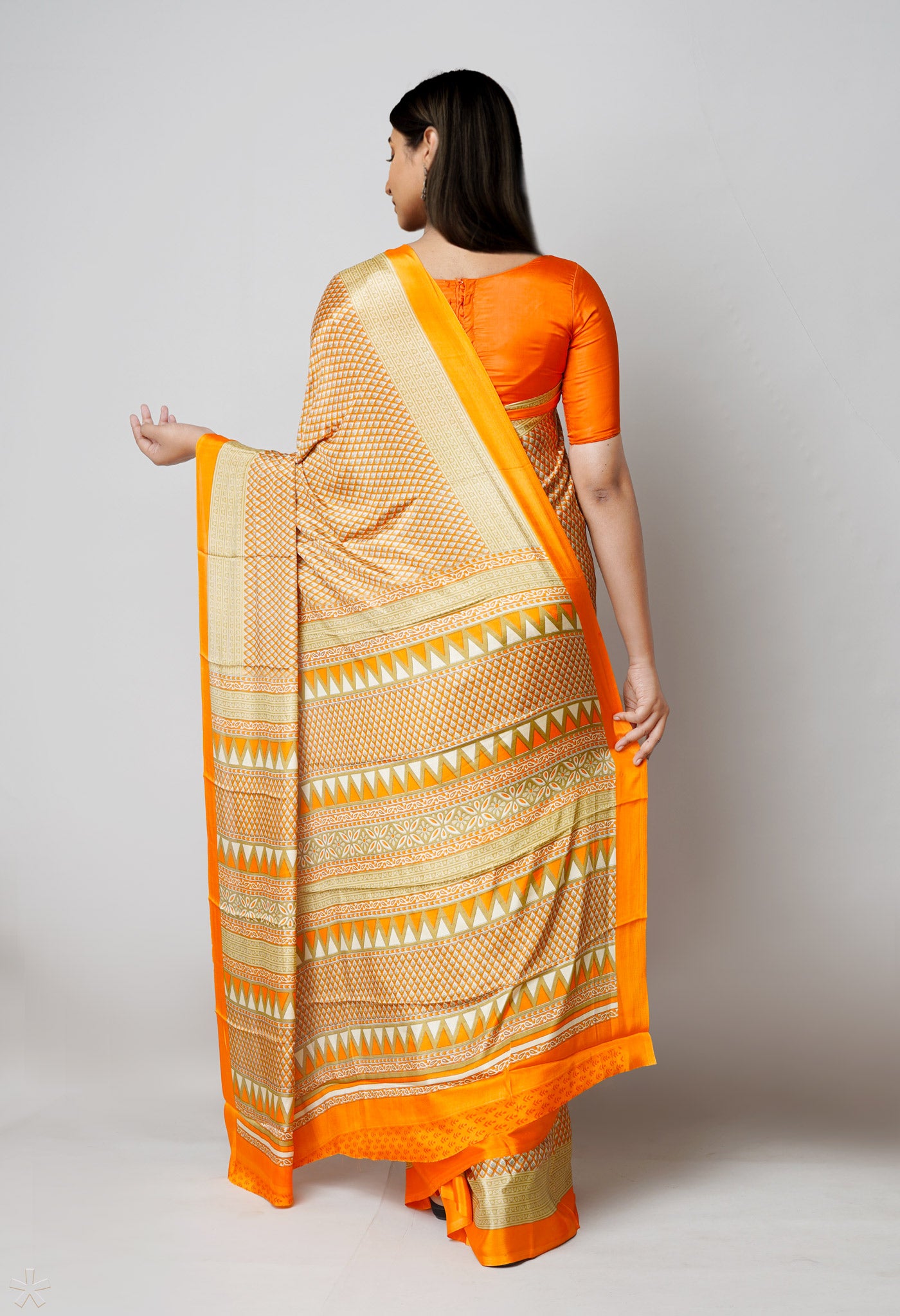 Orange Pure Block Printed Soft Silk Saree