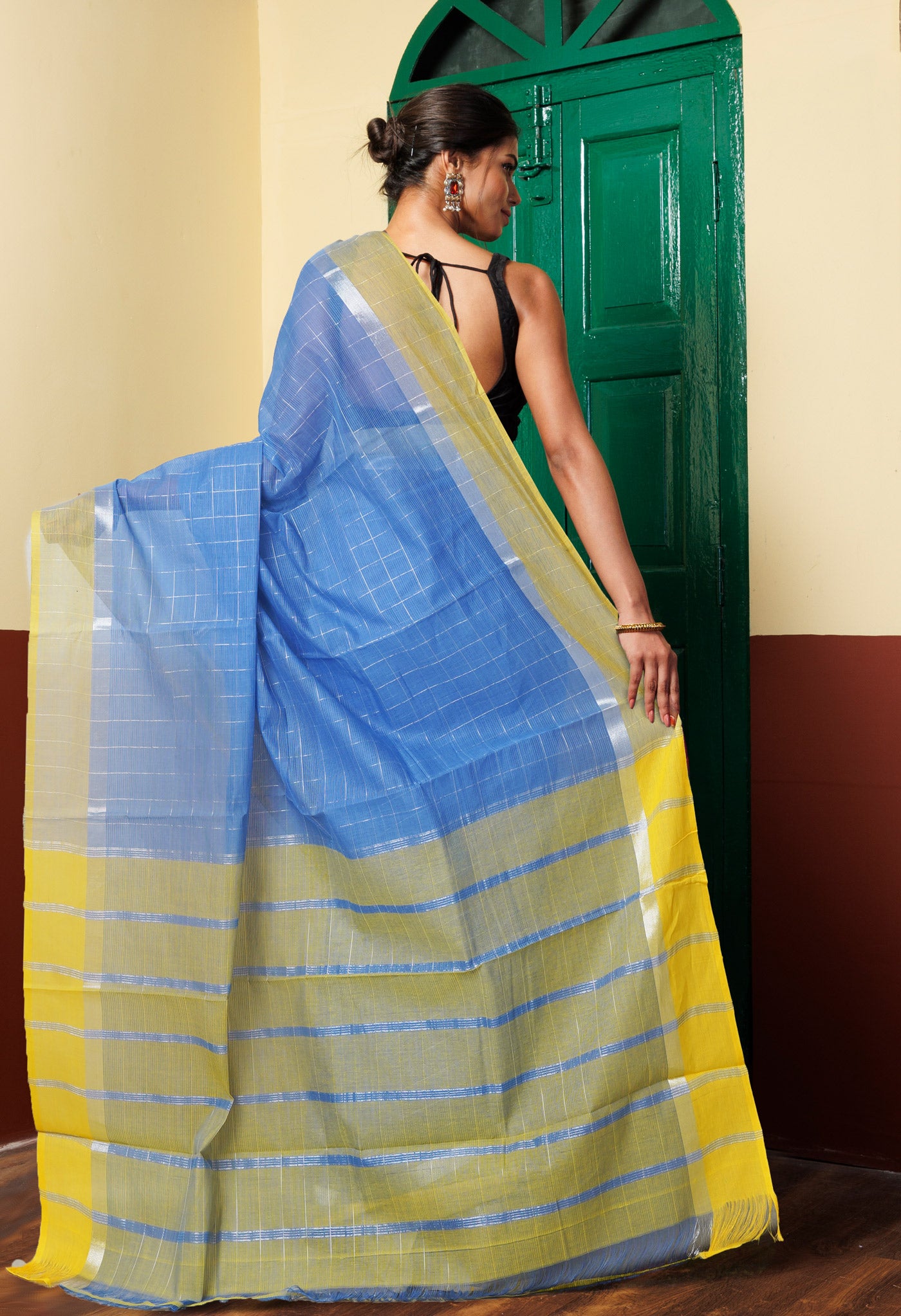 Blue Pure Mangalgiri Cotton Saree with Silver Zari Checks Weaving-UNM73531