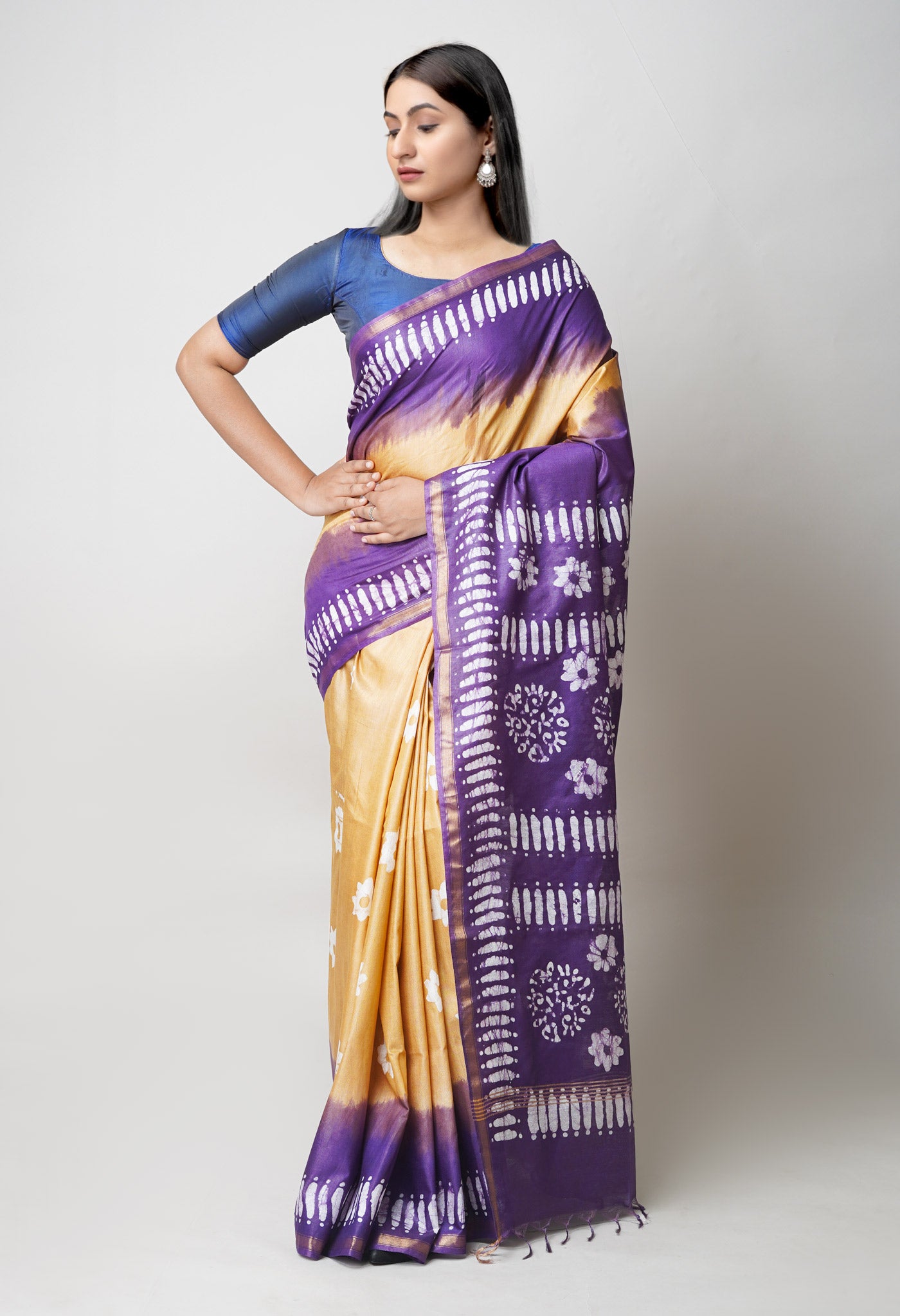 Brown-Purple Pure Batik Printed Chanderi Sico Saree