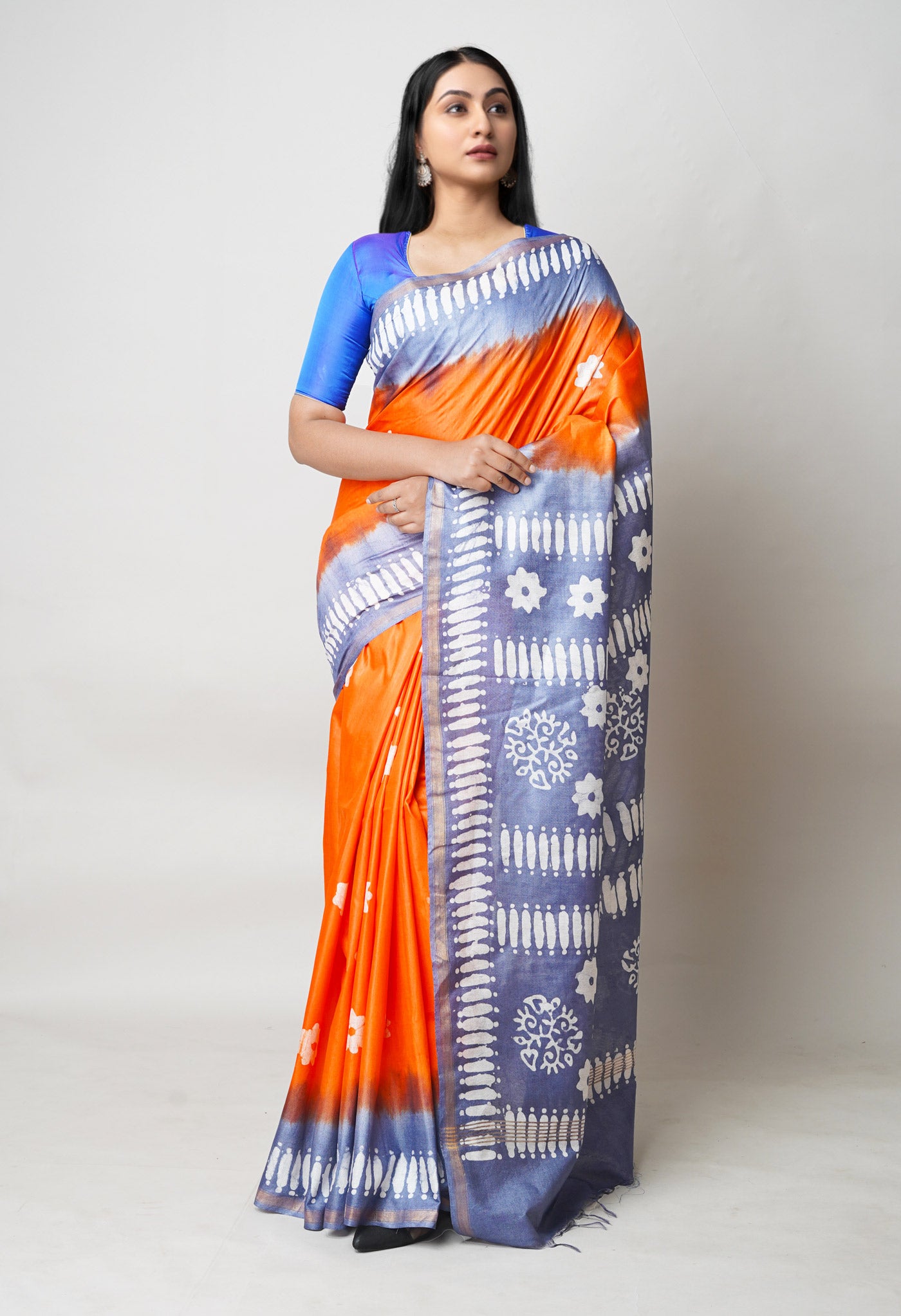 Orange-Blue Pure Batik Printed Chanderi Sico Saree