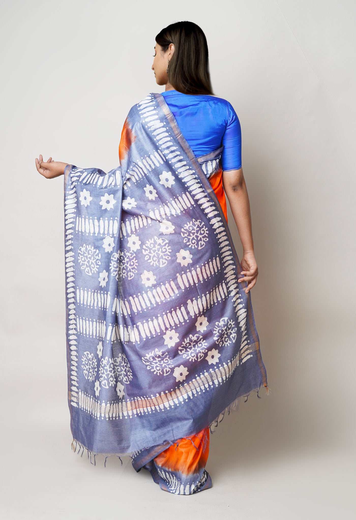 Orange-Blue Pure Batik Printed Chanderi Sico Saree