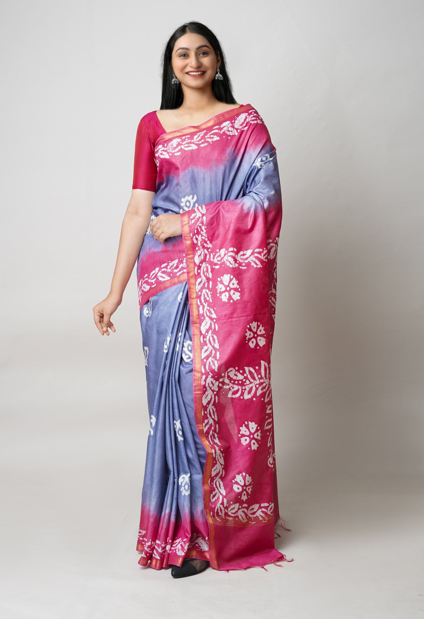 Bluish Grey-Burgundy     Pure  Batik Printed Chanderi Sico Saree-UNM73546