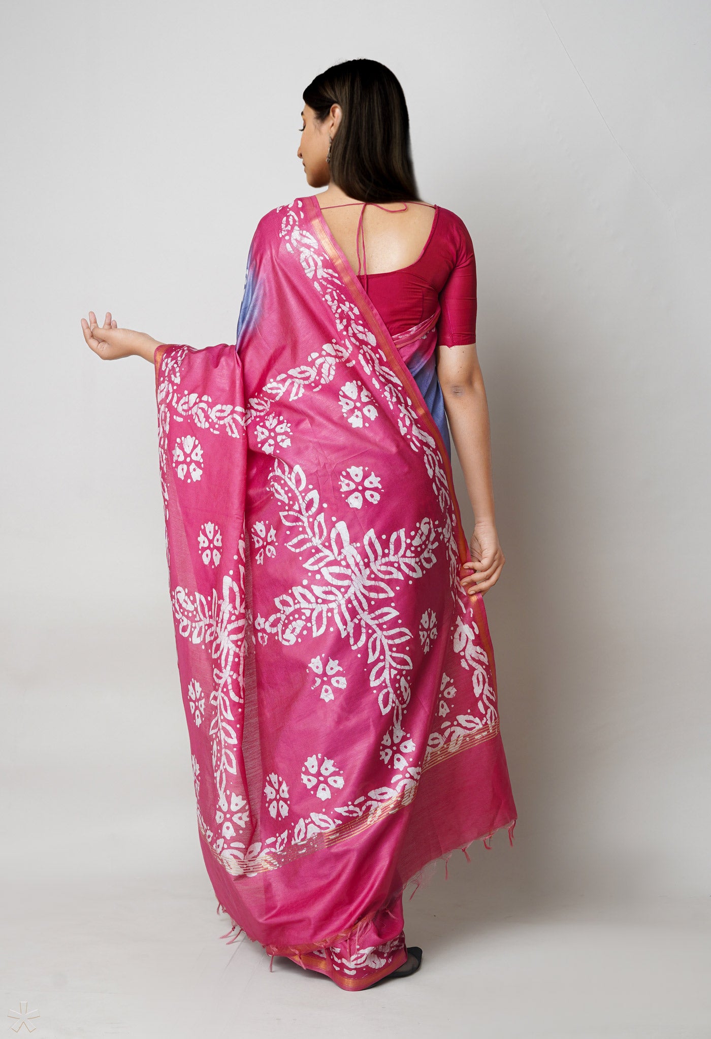 Bluish Grey-Burgundy     Pure  Batik Printed Chanderi Sico Saree-UNM73546