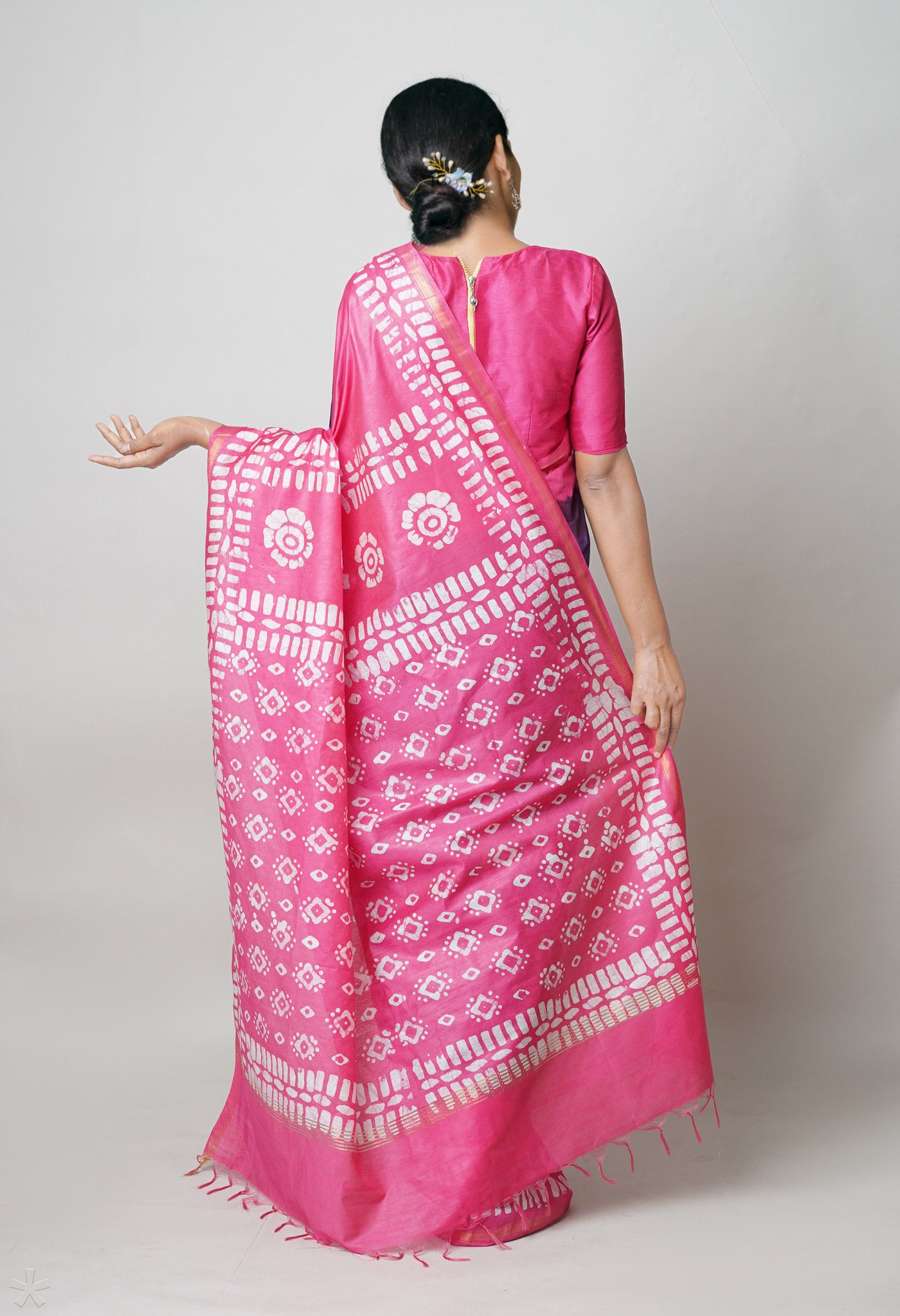 Blue-Pink Pure Batik Printed Chanderi Sico Saree