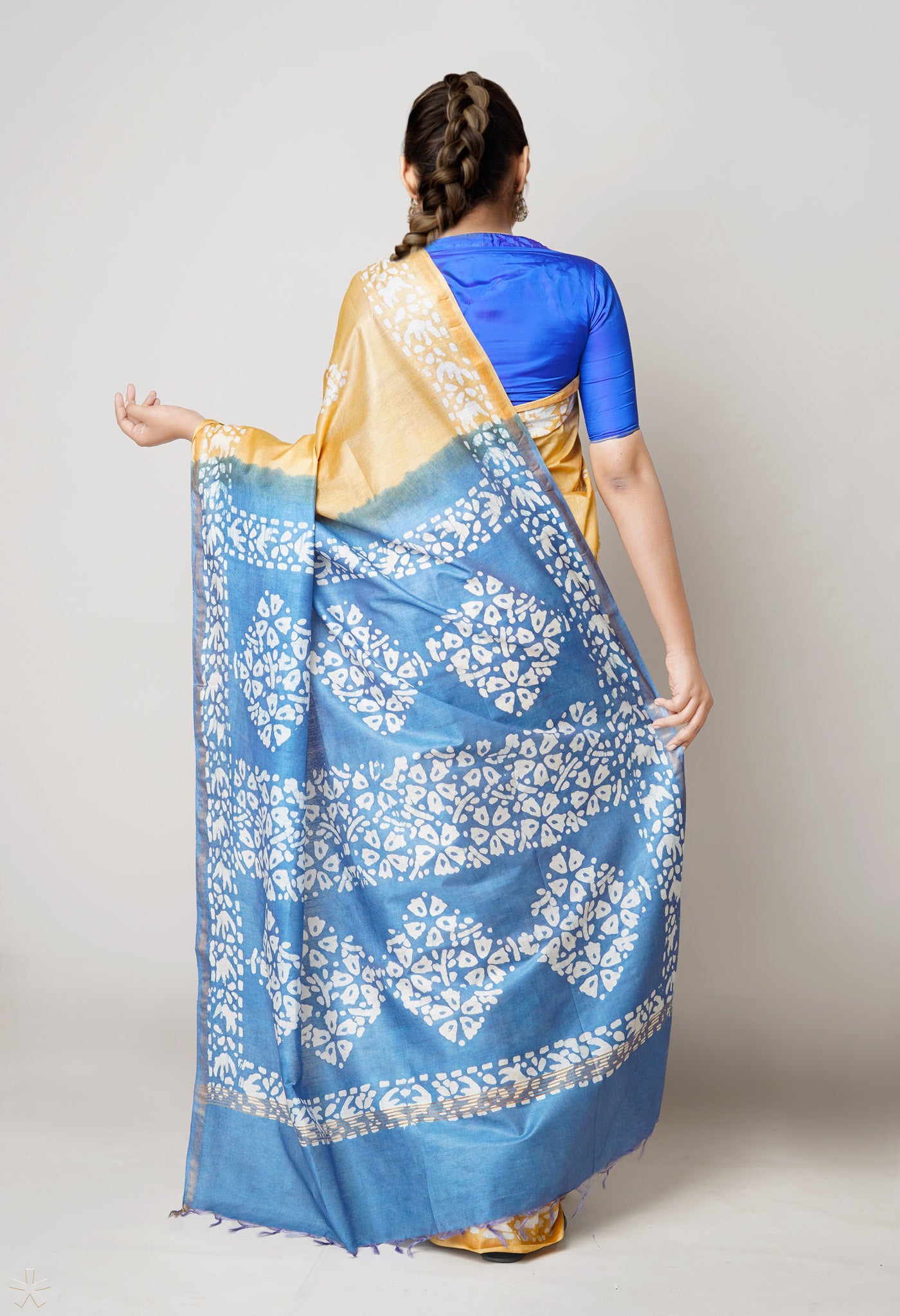 Blue-Brown Pure Batik Printed Chanderi Sico Saree