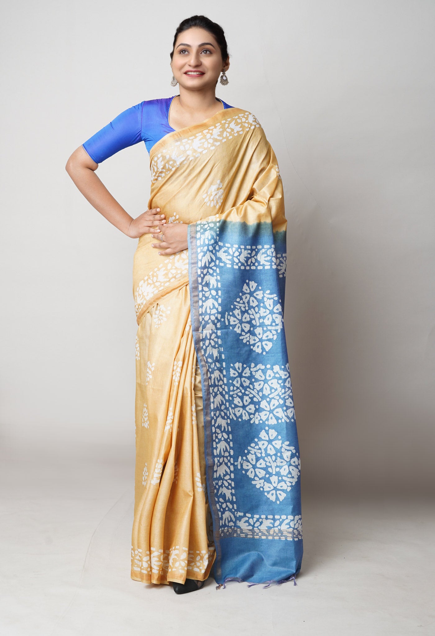 Blue-Brown Pure Batik Printed Chanderi Sico Saree