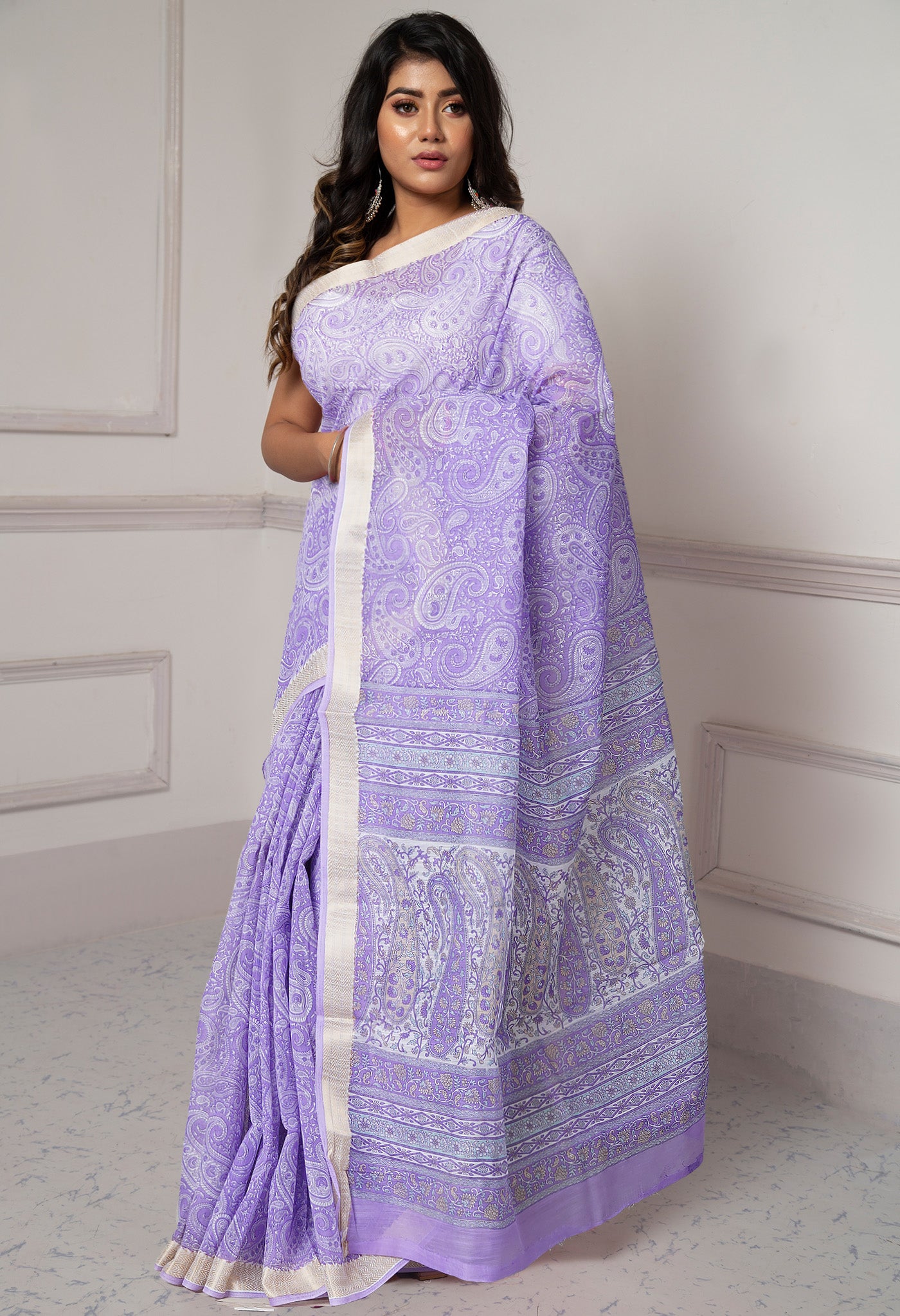 Violet Screen Printed Chanderi Sico Saree-UNM73601